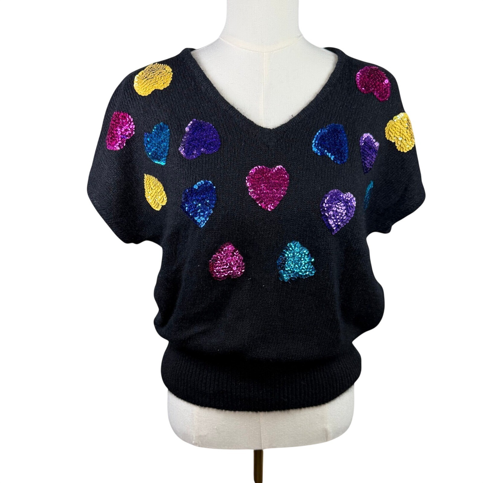 Vintage Rafferty Silk Angora Sequin Heart Sweater Black V-Neck Short Sleeve L