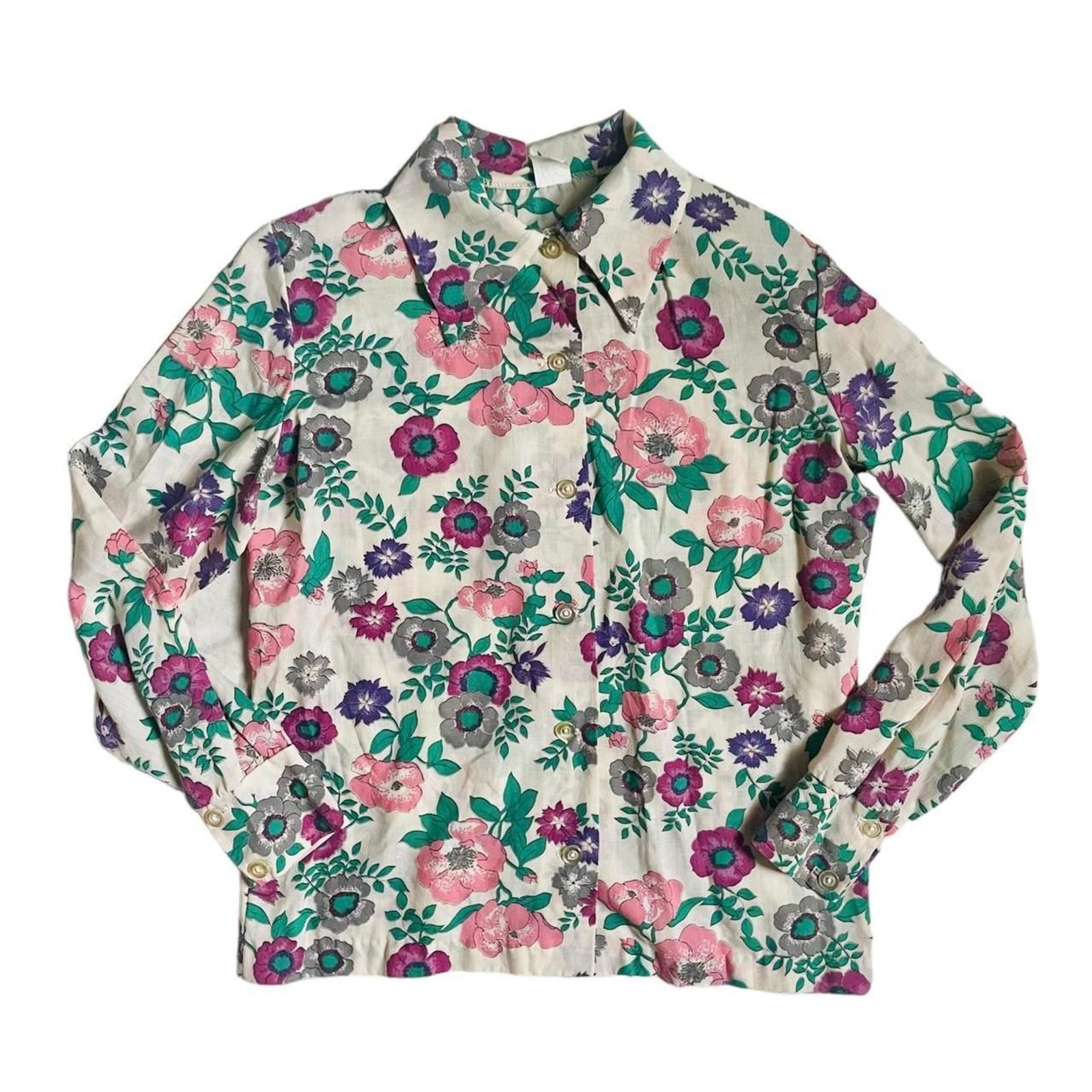 70s Vintage Pink and Purple Floral Button Down Shirt Size Medium