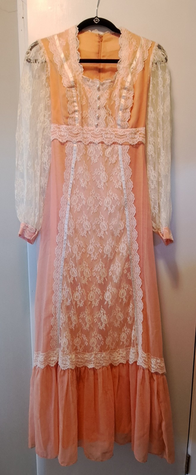 Vtg 70s Peach Chiffon Lace Prairie Granny Victorian Prom Maxi Gown Sz 7/8 Flaws
