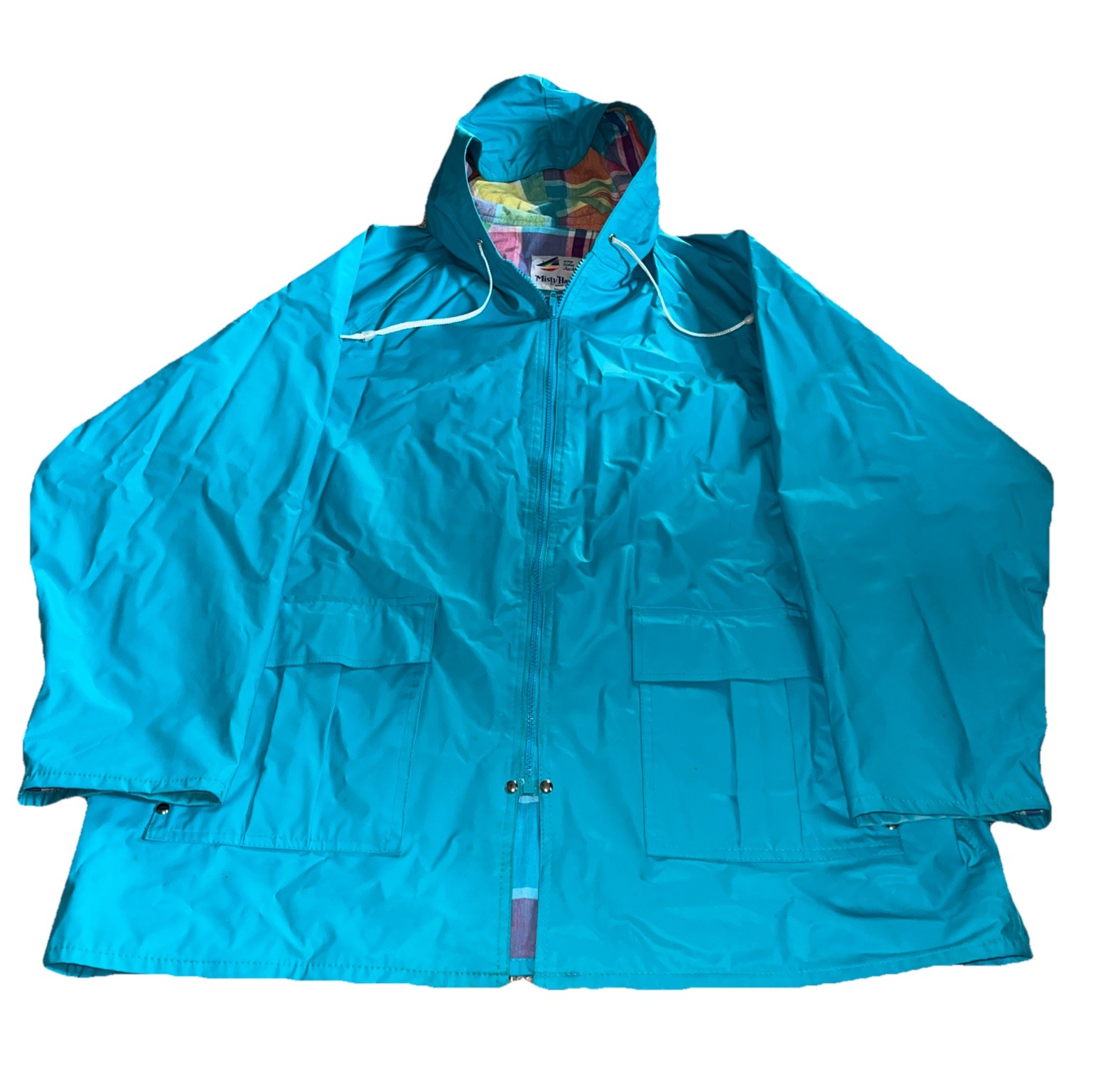 Vintage 90s Misty Harbor Any Time Jacket Rain Coat w/hood Turquoise Plaid Large