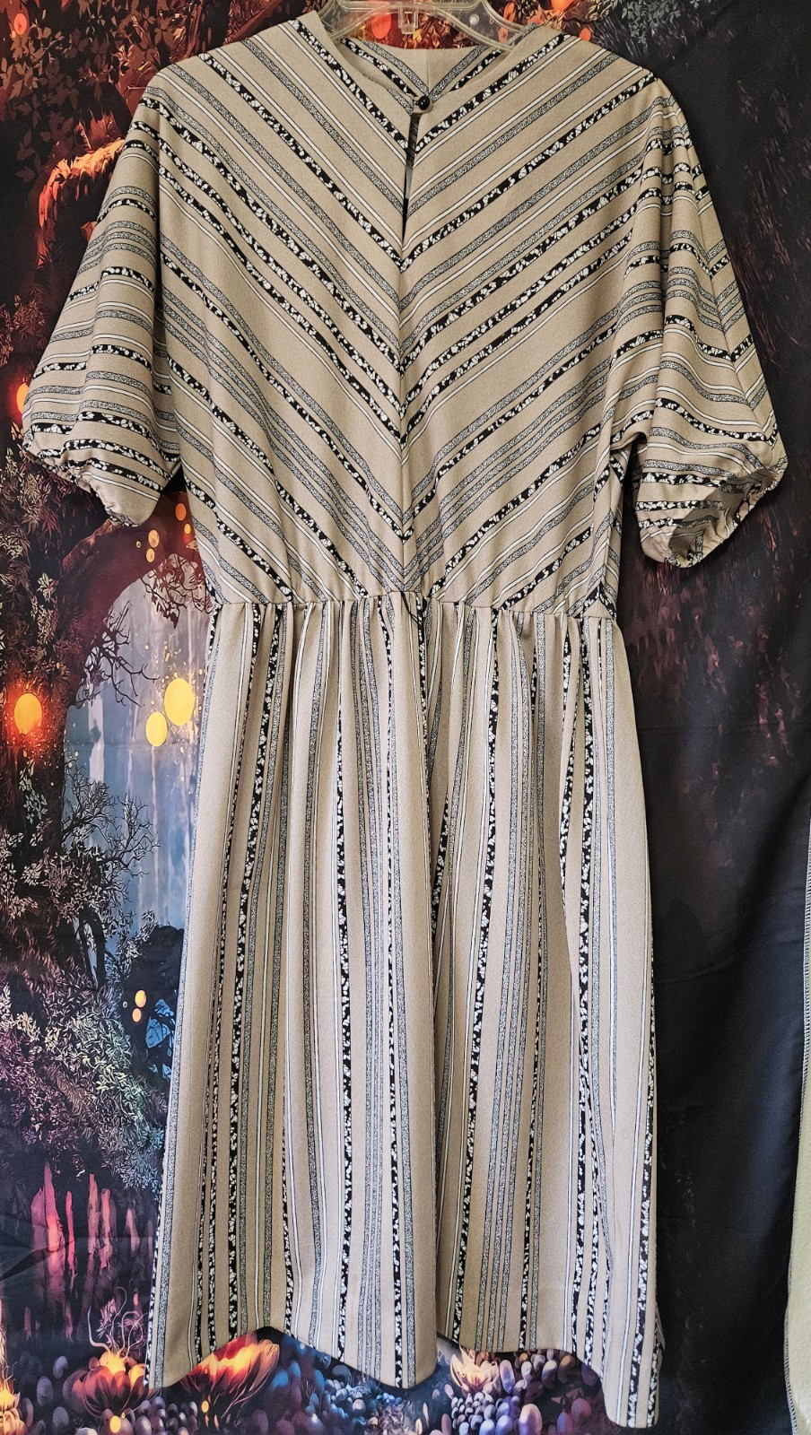 Murray Meisner Vintage Striped Dress Union Made Size 14 Beige Black White V-Neck