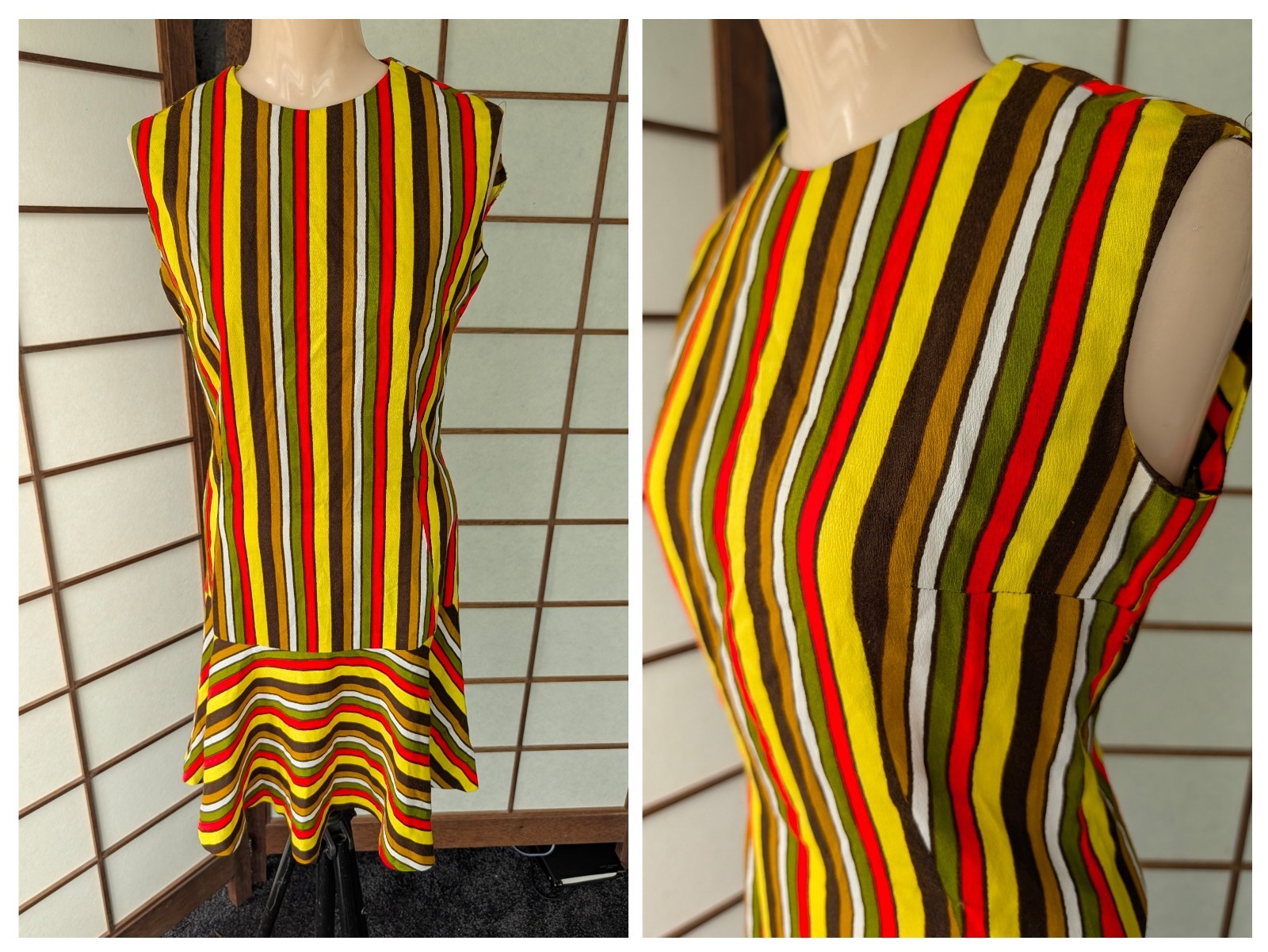 Vtg 60s 70s Groovy Striped Mini Dress Sz S/M Drop Waist Ruffle Hem Barkcloth Mod