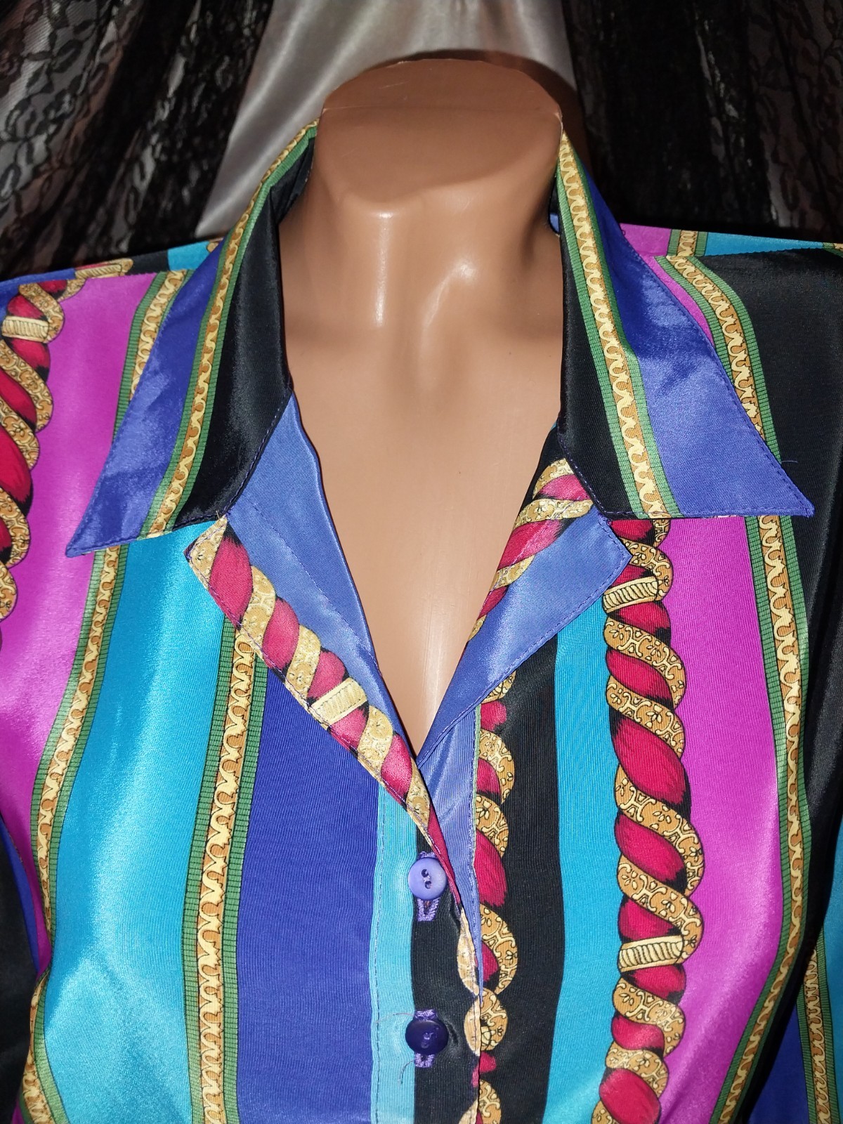 VTG SATIN SHINY VERSACE ESQUE NOTCH COLLAR BLOUSE GOLD ROPES GEO TOP USA 40&Prime; NOS