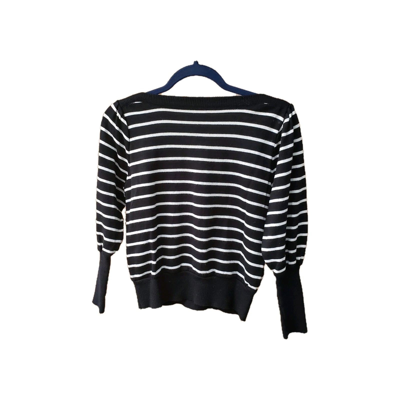 VTG 80s Black White Stripe Acrylic Sweater Womens Sz M Boat Neck L/S Hong Kong