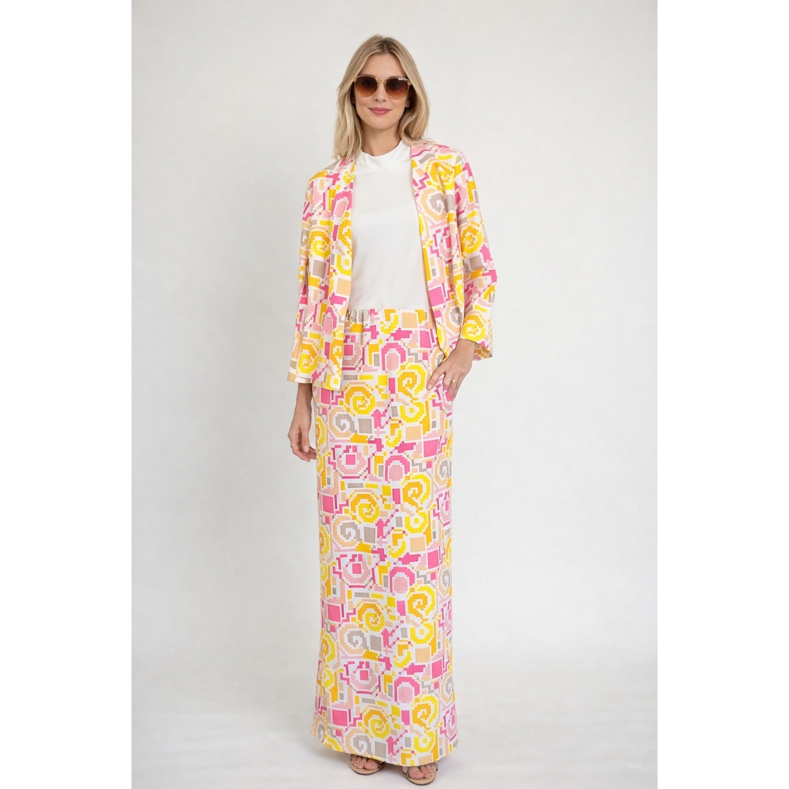 Vintage 70s Mod Geometric Hostess Set Maxi Skirt Jacket Pink Yellow Retro