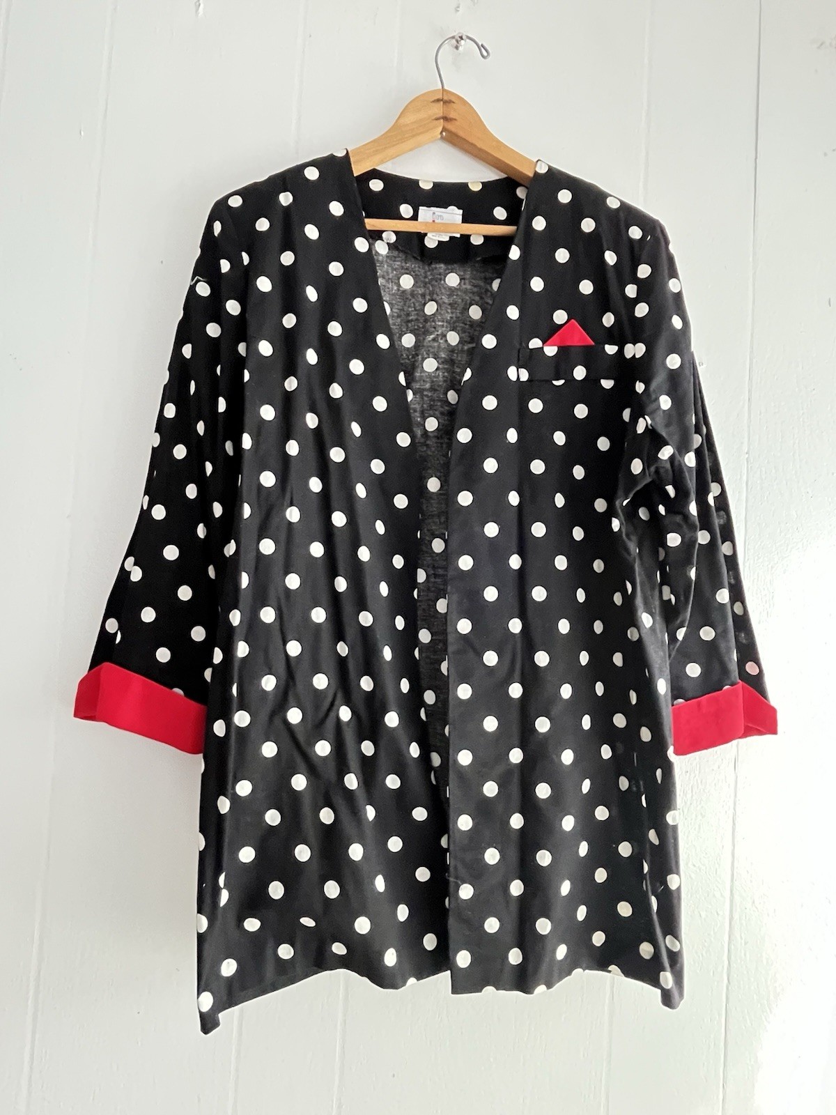 In Cinq Womens 80s Blazer Jacket Open Lightweight Black Polka Dot 46” Bust Max