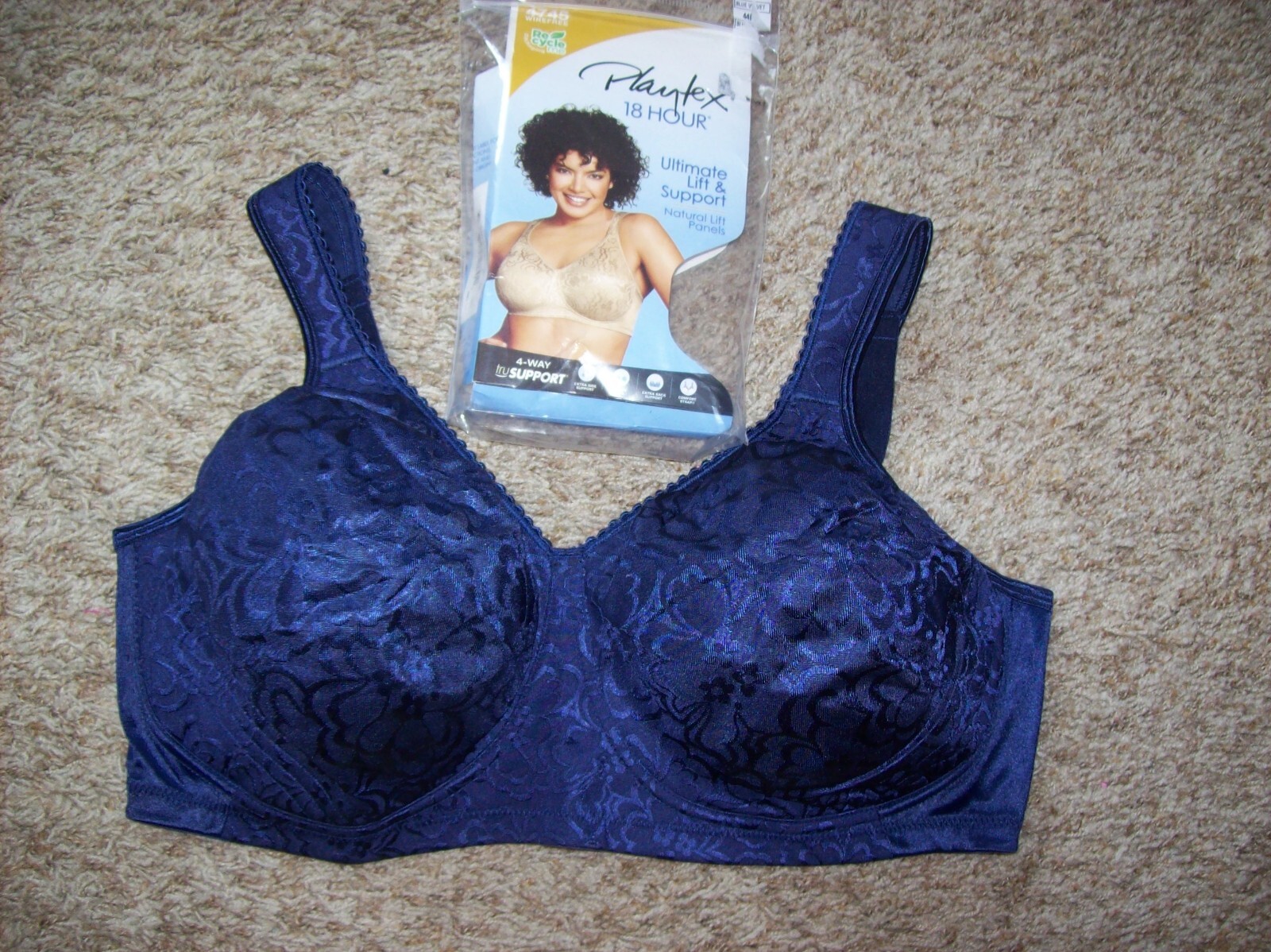 NWT Playtex 18 Hour Plus Size Navy High Sheen Brocade Bra Lingerie 44DD #4745