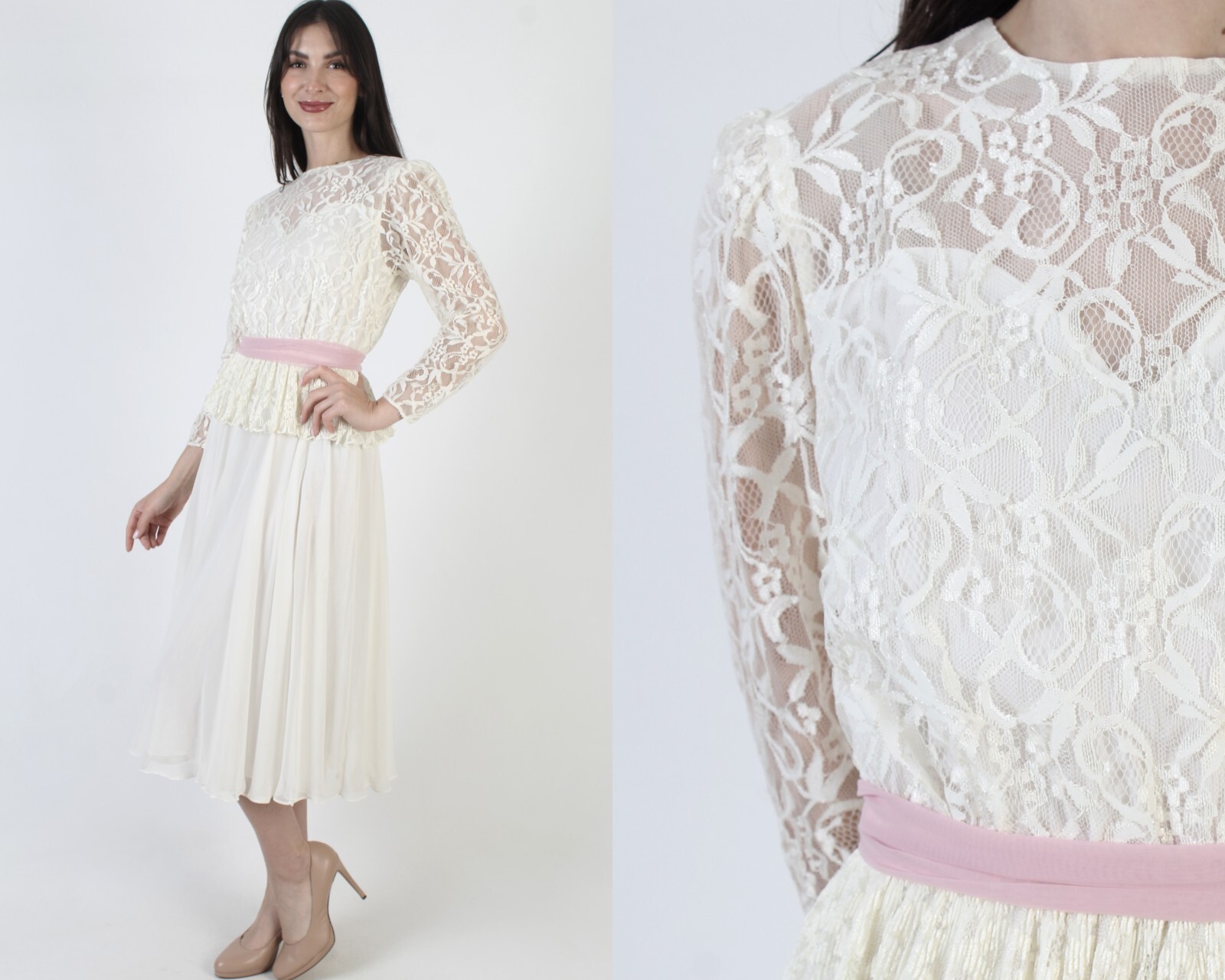 Vintage Off White Lace Dress Cream Peplum Ruffle Victorian Sheer Midi Gown 10