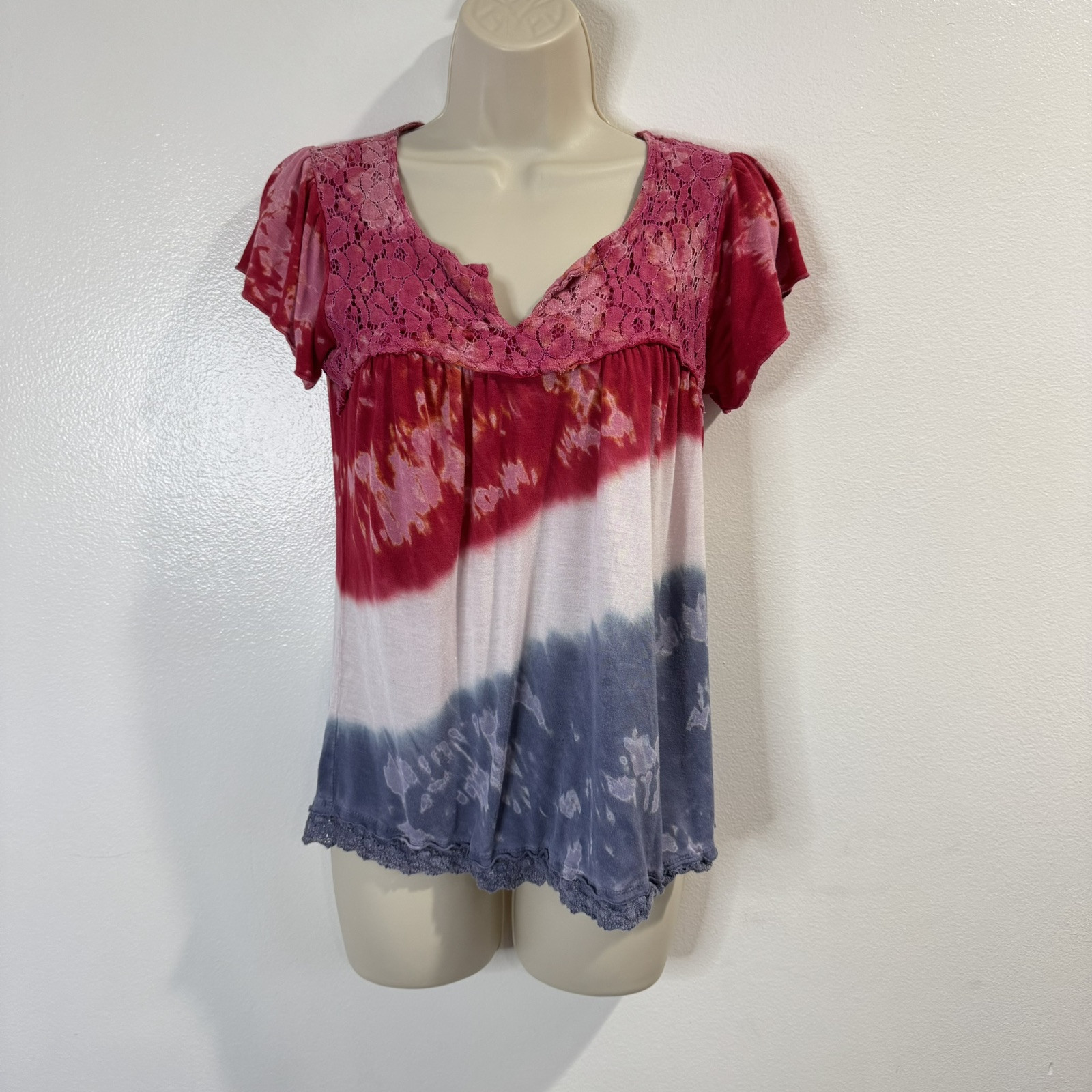 Vintage 90s Y2K One World Shirt S Red White Blue Bomb Pop Crochet Lace Boho Art