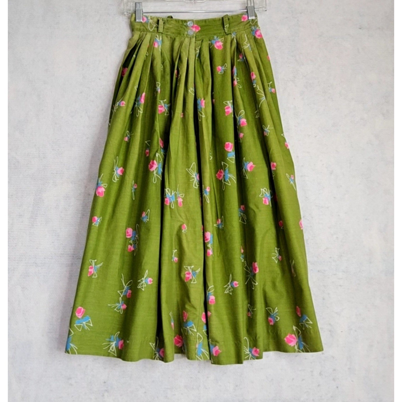 Vtg 50s Skirt 2 XS Full Midi Pleated Novelty Print Floral Green Pink Roses True