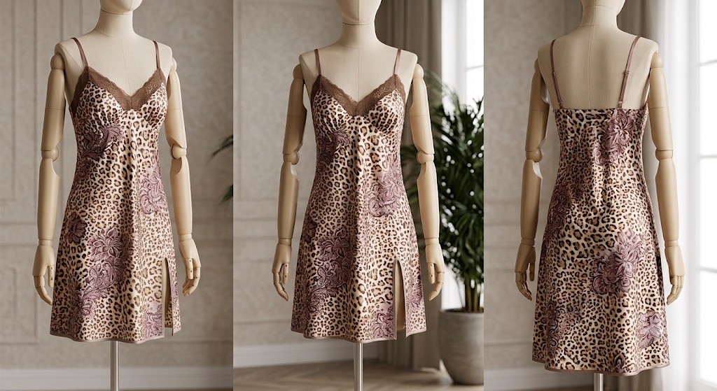 Delicates Brown Floral Leopard Nightgown Bodice Slip Dress Silky Satin Medium