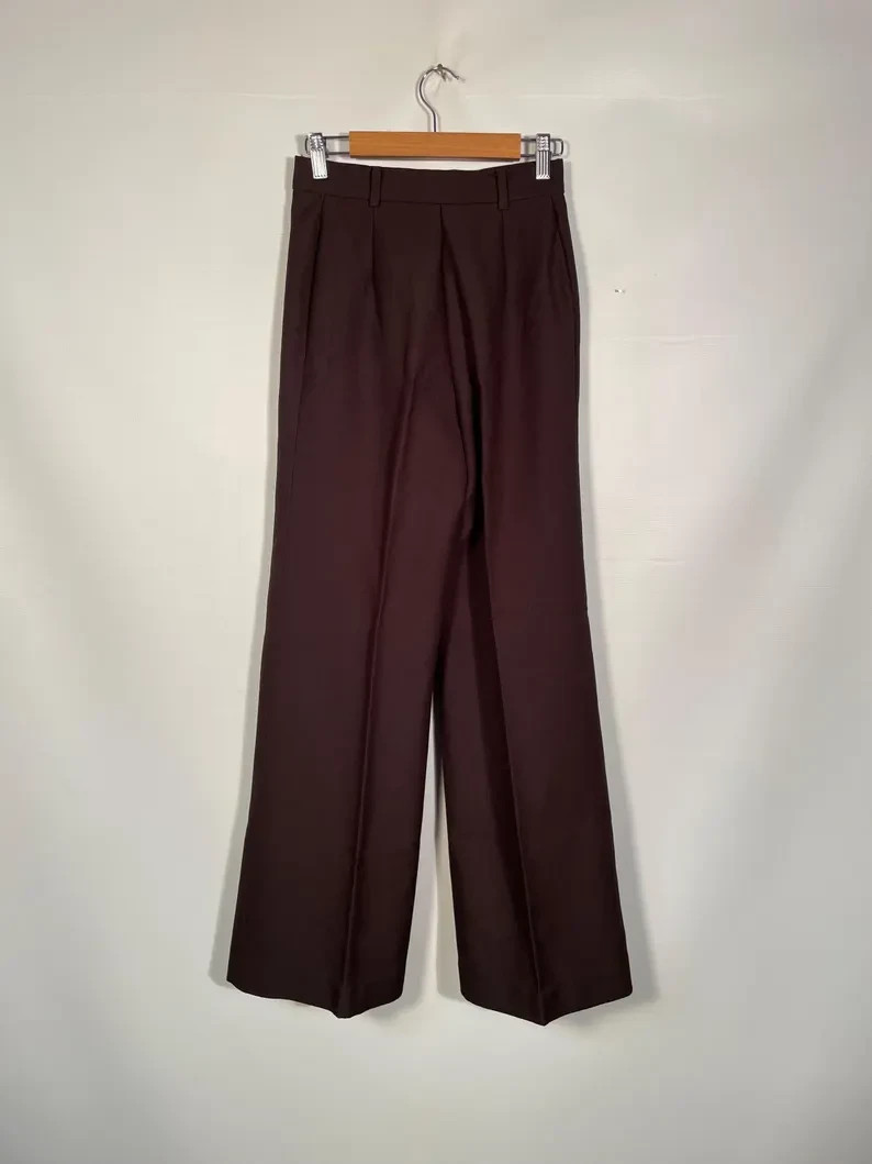 Vintage 1970s Brown Polyester Sears Jr Bazaar Bell Bottoms Wide Leg Pants 26 W