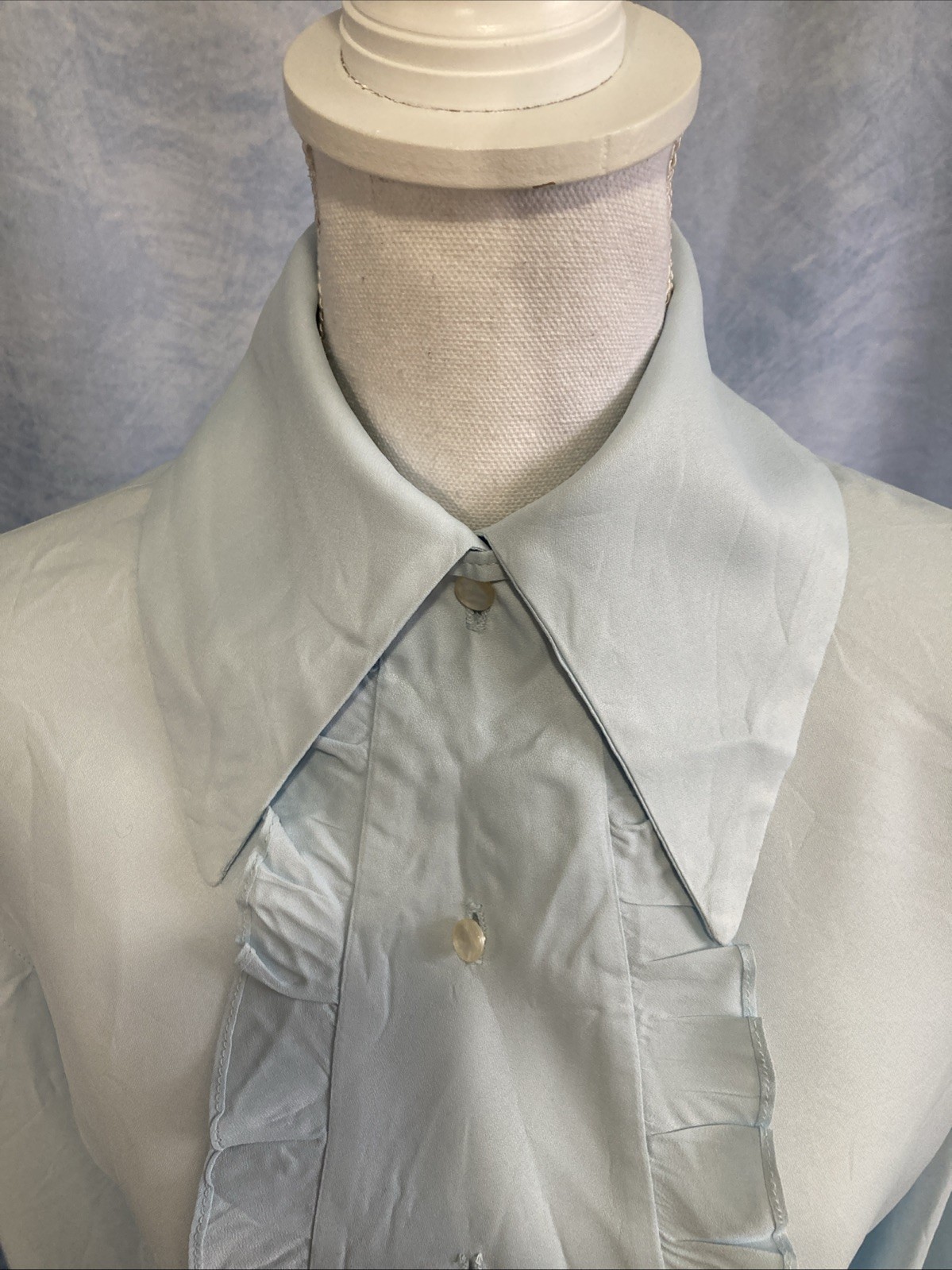 VTG Miss Chris Blue Ruffle Jabot Blouse 70s Secretary Victorian Union Made XS/S