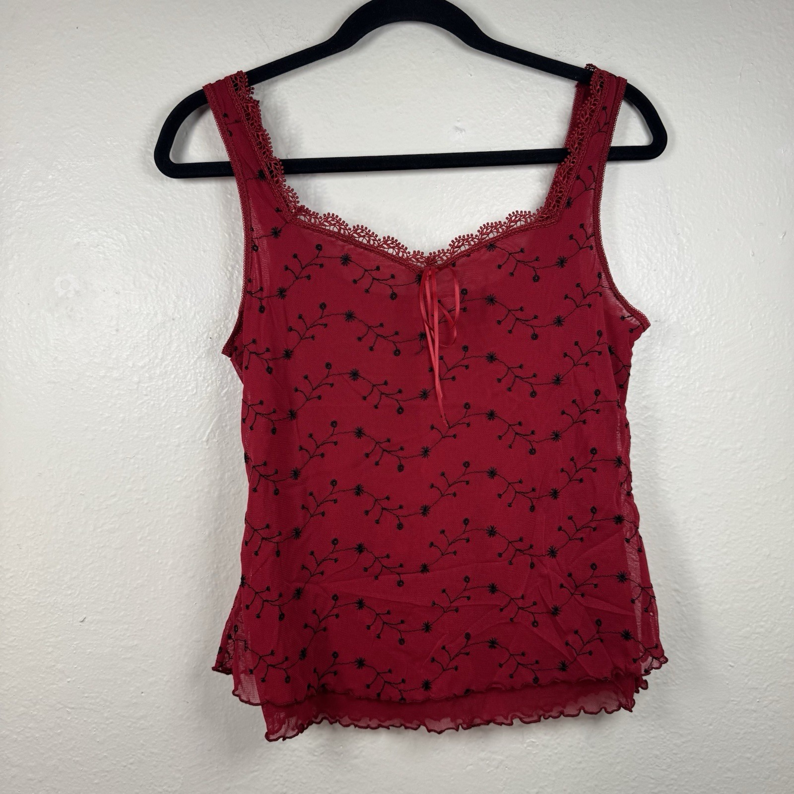 Arianne Lace Trim Tank Top Vintage Red 2000’s Embroidered Mesh Size Small Y2K