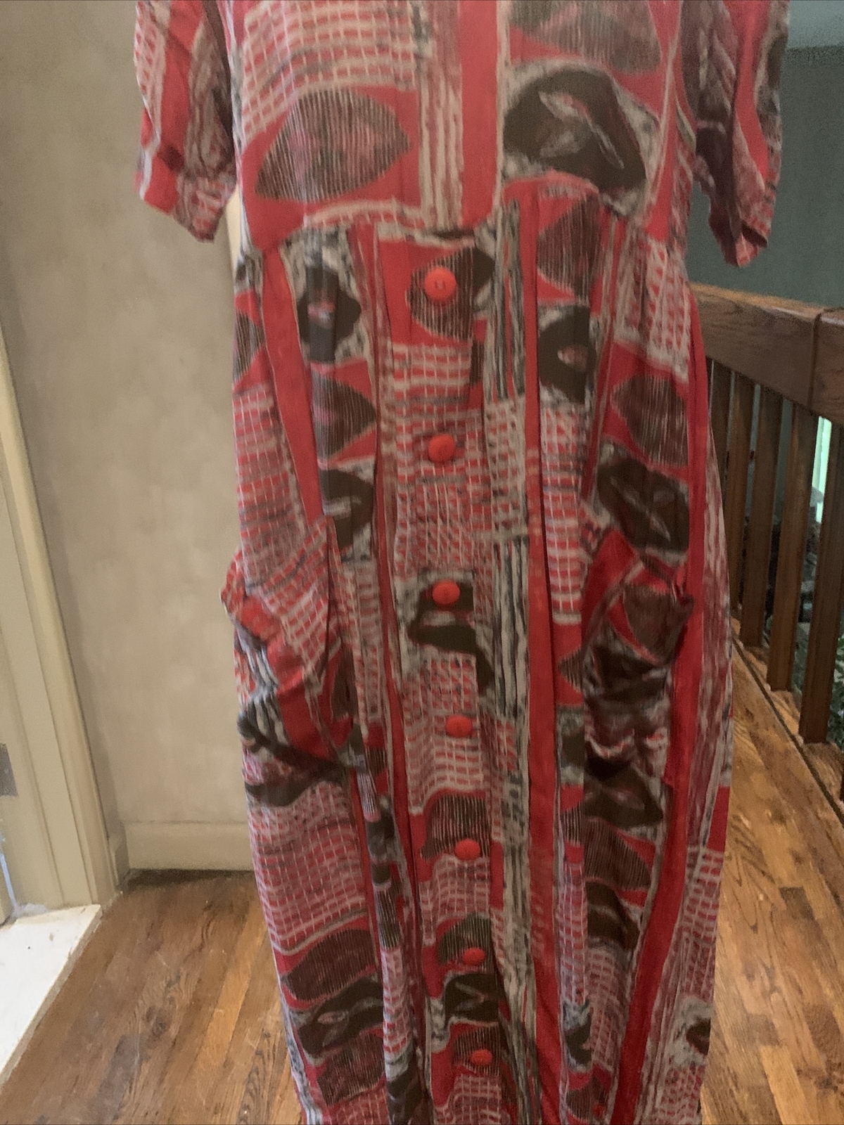 VINTAGE RABBIT DESIGNS ROOMY BOHO SHORT SLEEVE POCKETS MULTI COLOR DRESS SZ. M