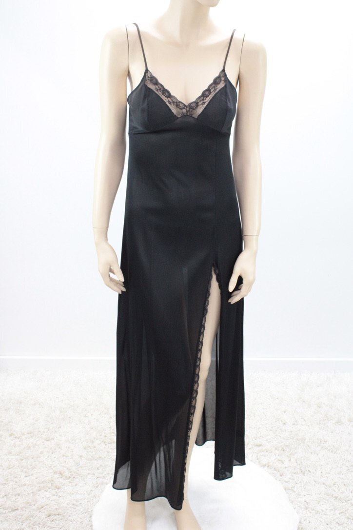 Vintage Lady Cameo Long Slinky Nightgown Small Black Nylon High Slit USA