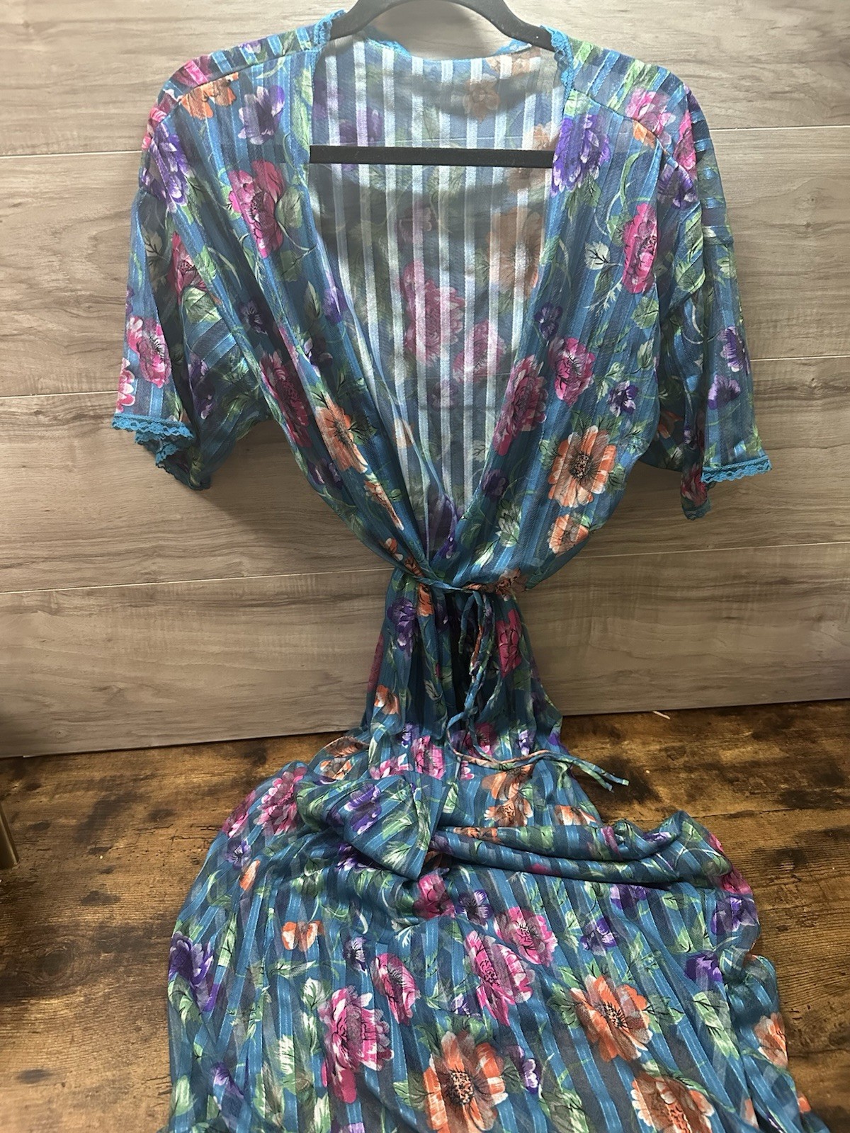 Vintage Lady Cameo Dallas Teal Floral Sheer Maxi Duster Robe OSFM