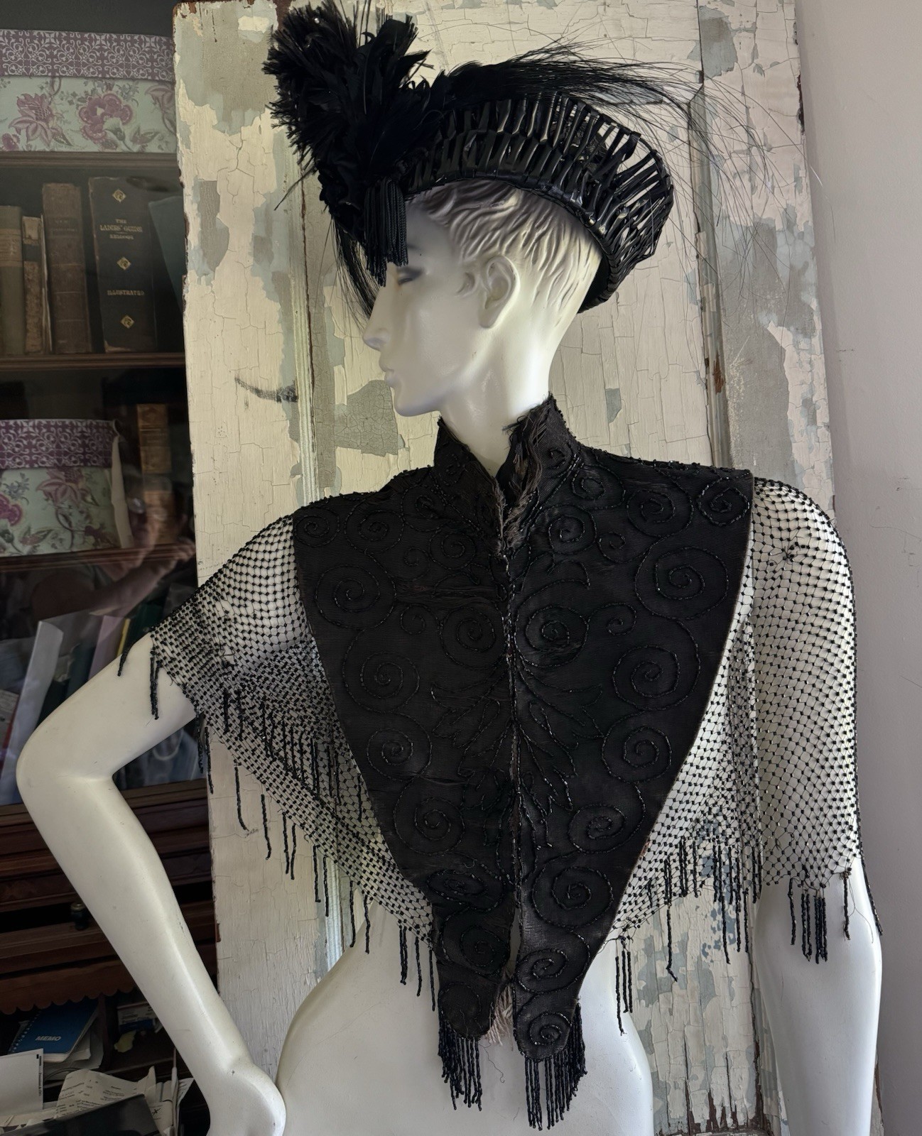 Black Beaded Victorian Capelet 21” Authentic Antique 1800s Great Display Gothic