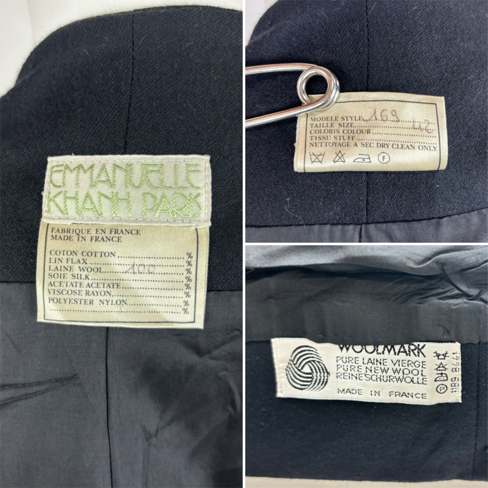 Vintage 80s Blazer Women&rsquo;s Large Black Wool Suit Jacket Leaf Closures Emmanuelle