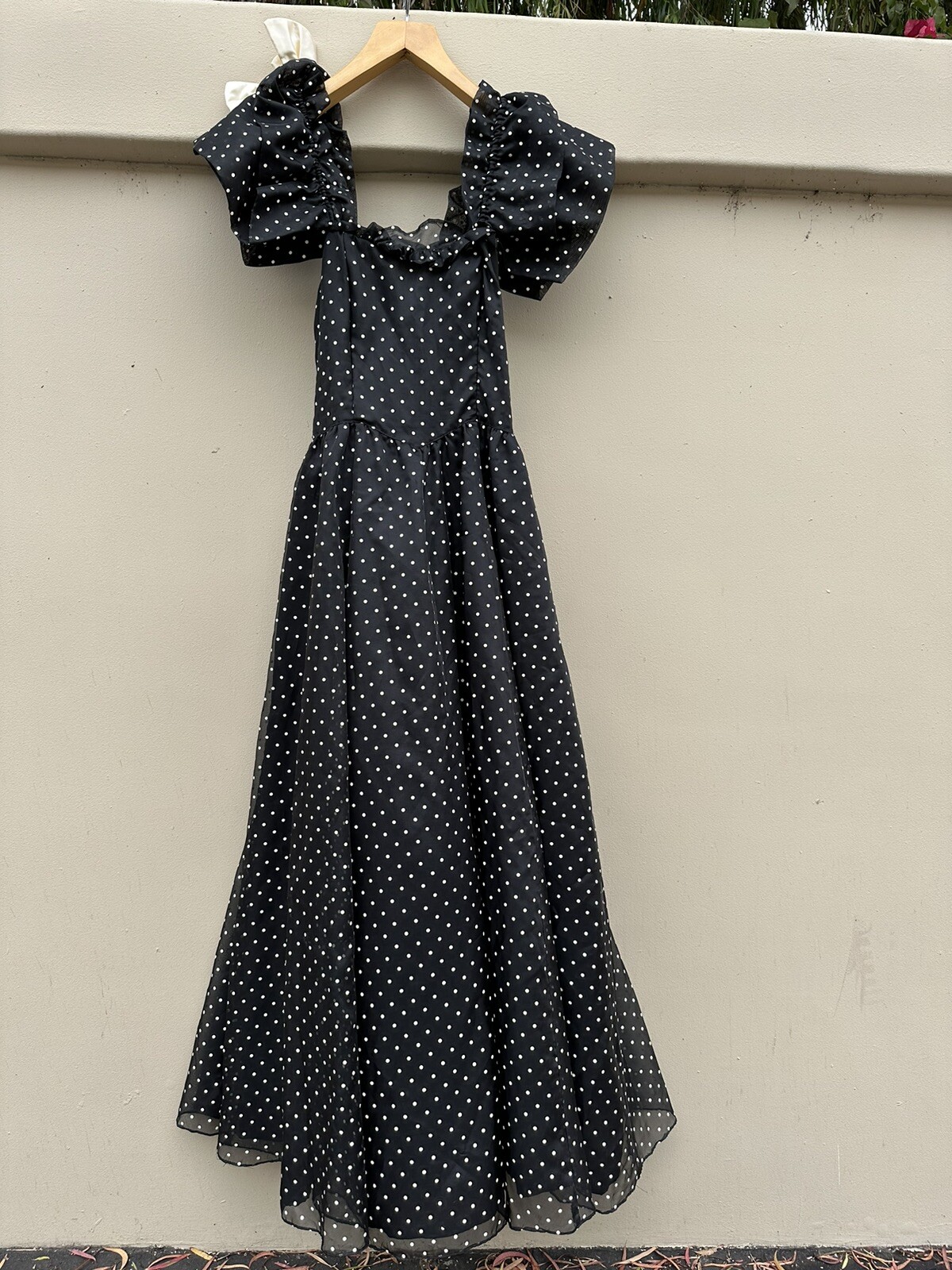 Vtg 80s Gunne Sax Maxi Dress Black White Polka Dot Short Sleeve Ruffles Pin Up