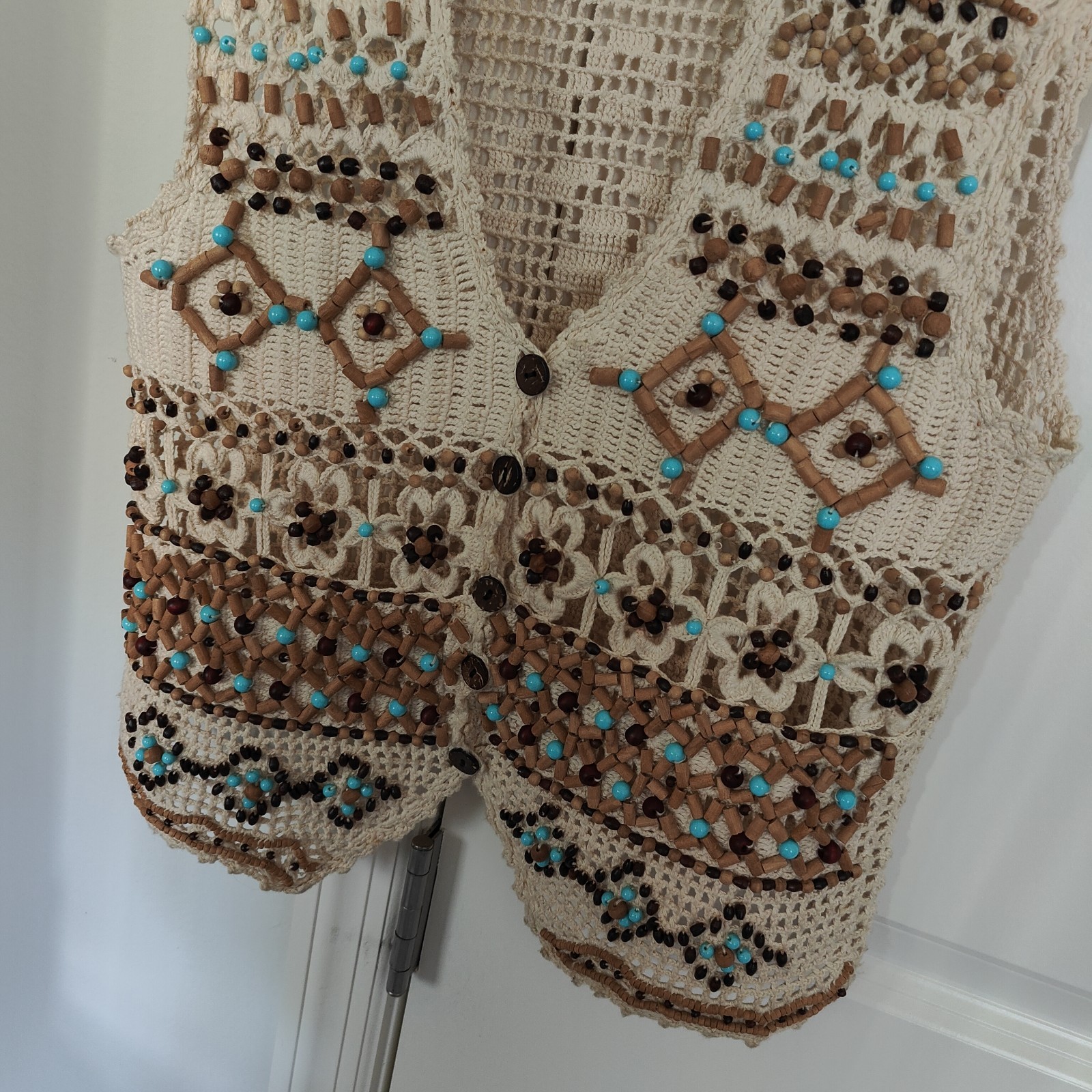 Ann Tjian for Kenar Macrame Wood Beaded Boho Festival Hippie Vest Small Petite