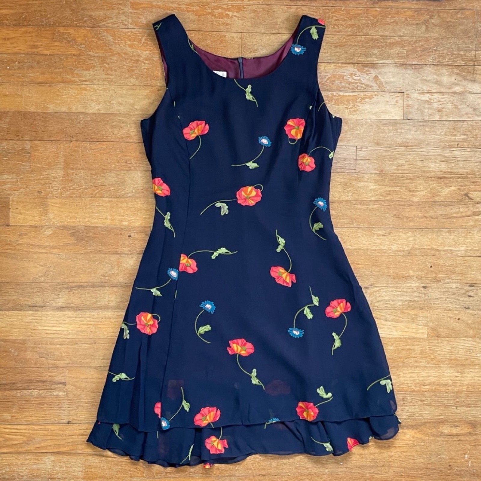 Vintage Floral Dress Size Small (6P) 1990s Sleeveless Crepe A-Line Sundress