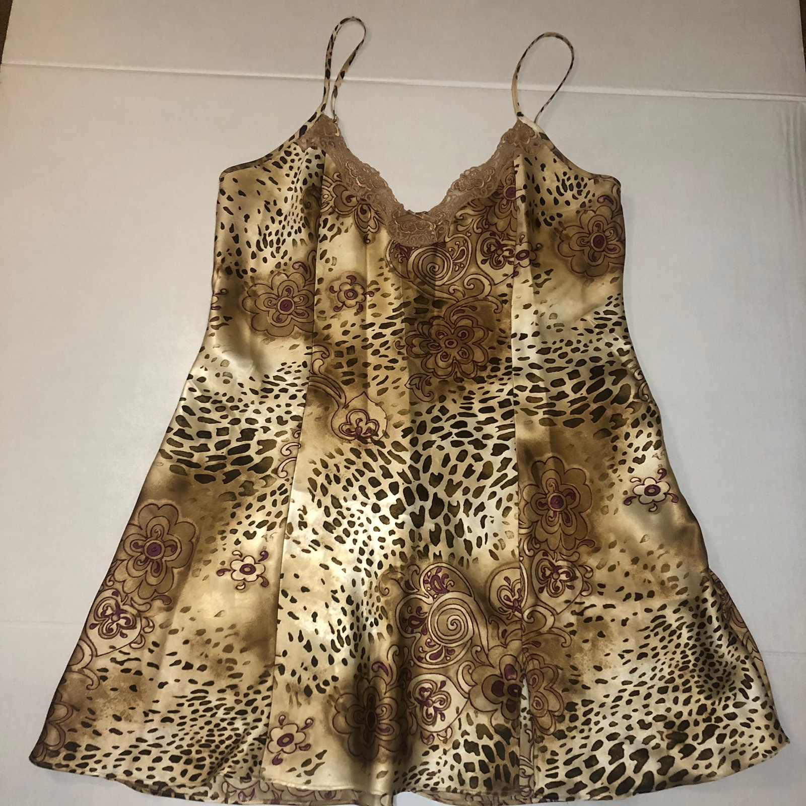 Delicates Brown Floral Leopard Nightgown Bodice Slip Dress Silky Satin Medium