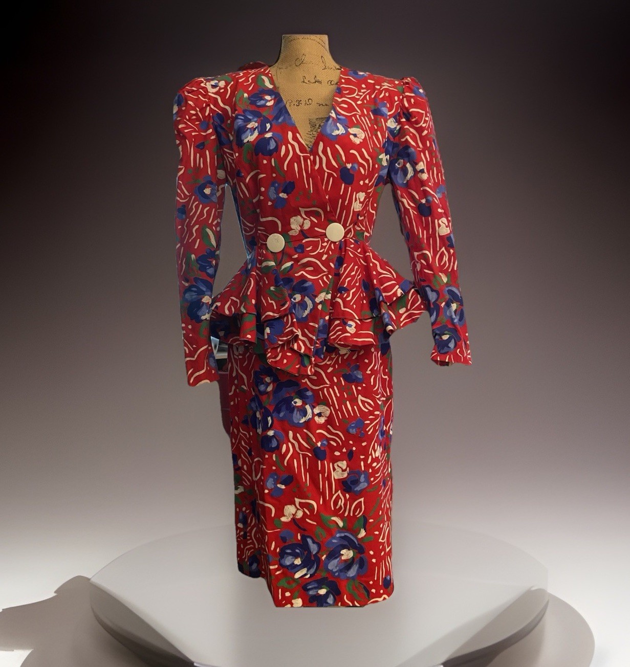 Vintage 1980’s A La Mode Jacket Skirt Set Sz 9/10, Dynasty Red White Blue Floral