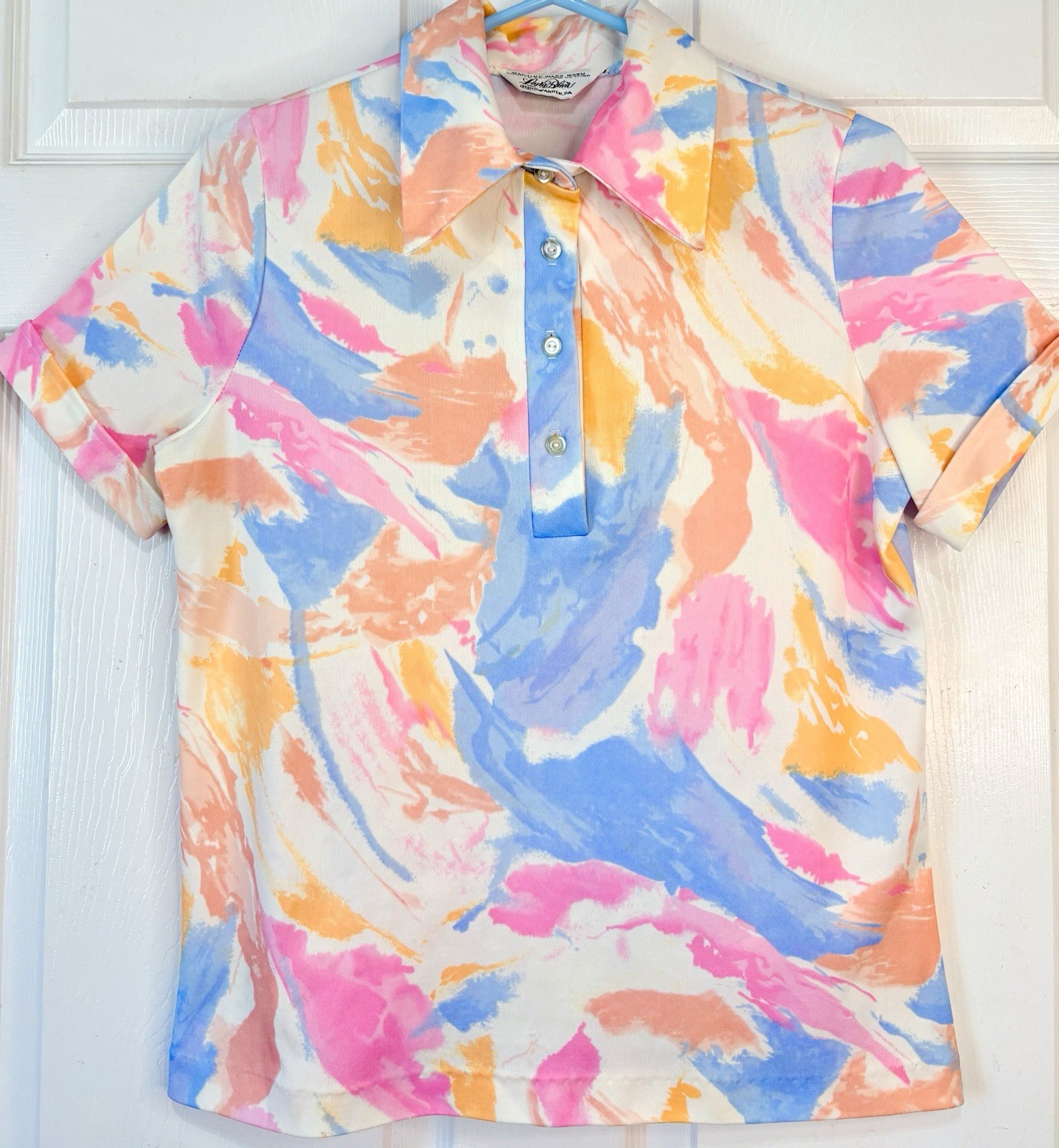 VTG 70s Short Sleeve Abstract Pastel Polyester Top Disco Dagger Collar~Medium
