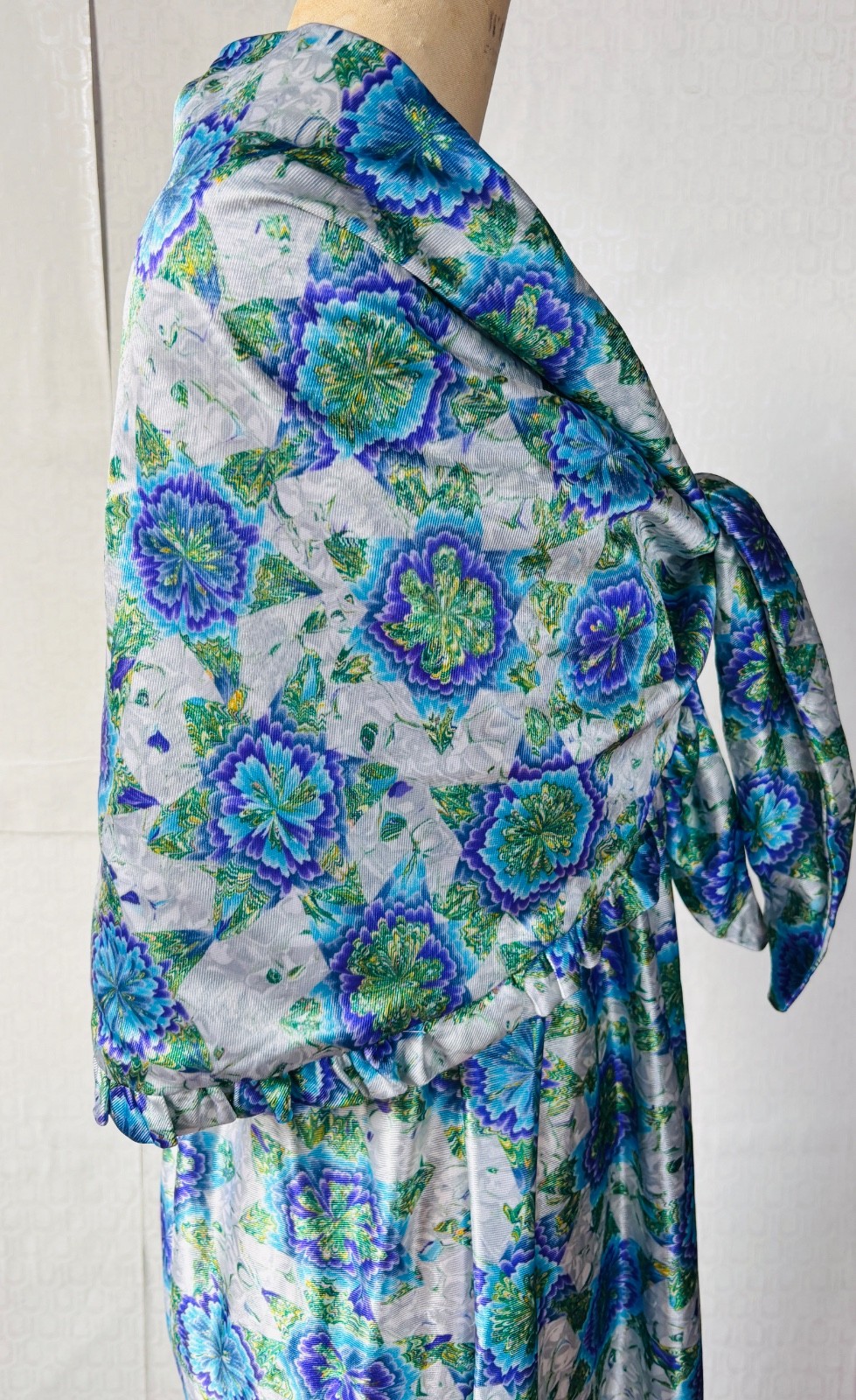 VTG 70&rsquo;S HIPPY BOHO HANDMADE BLUEWHITE&PURPLE FLORAL PAISLEY MAXI DRESS+WRAP*S/M
