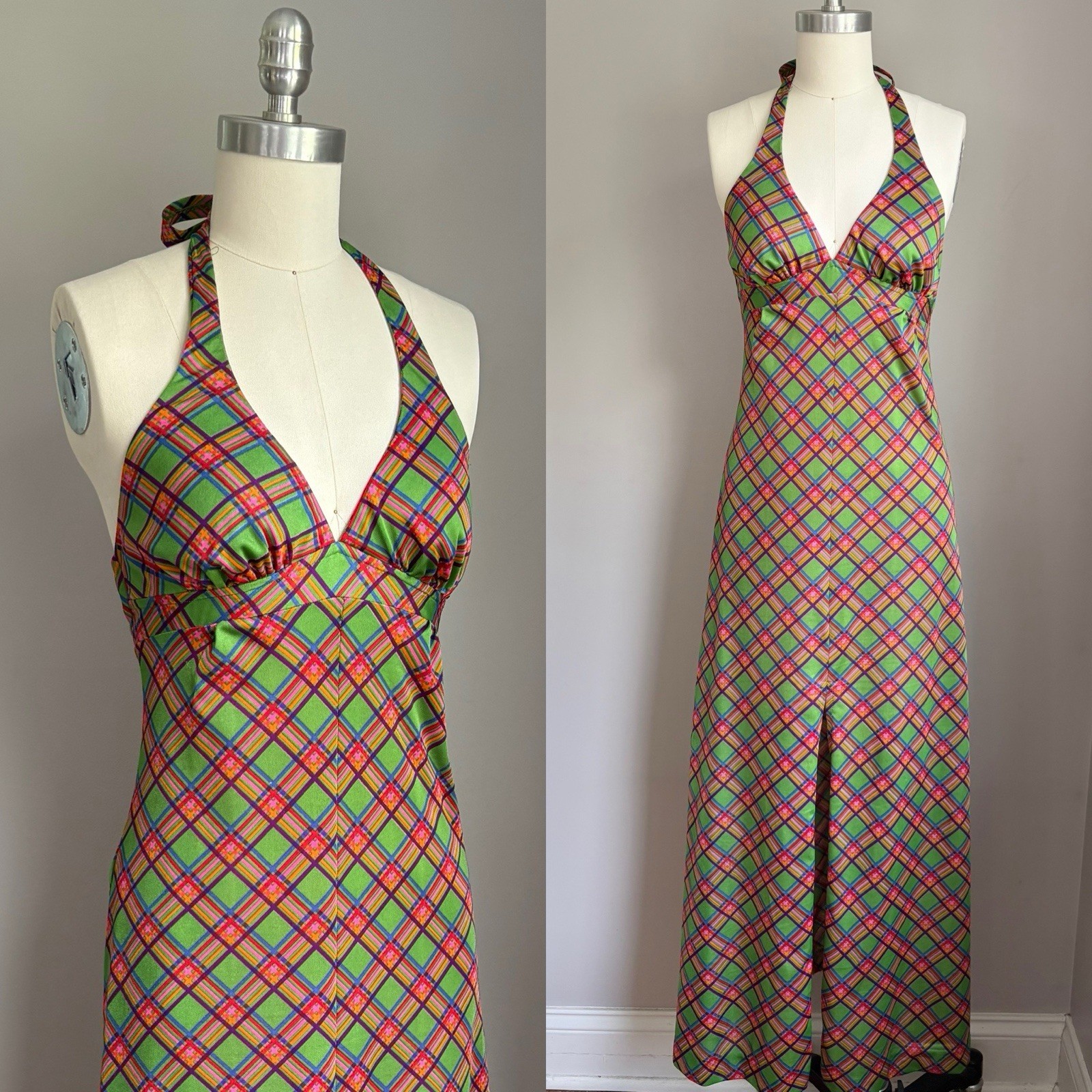 Vintage 1970’s Mod Halter style Argyle Plaid Print Maxi Dress Size XS