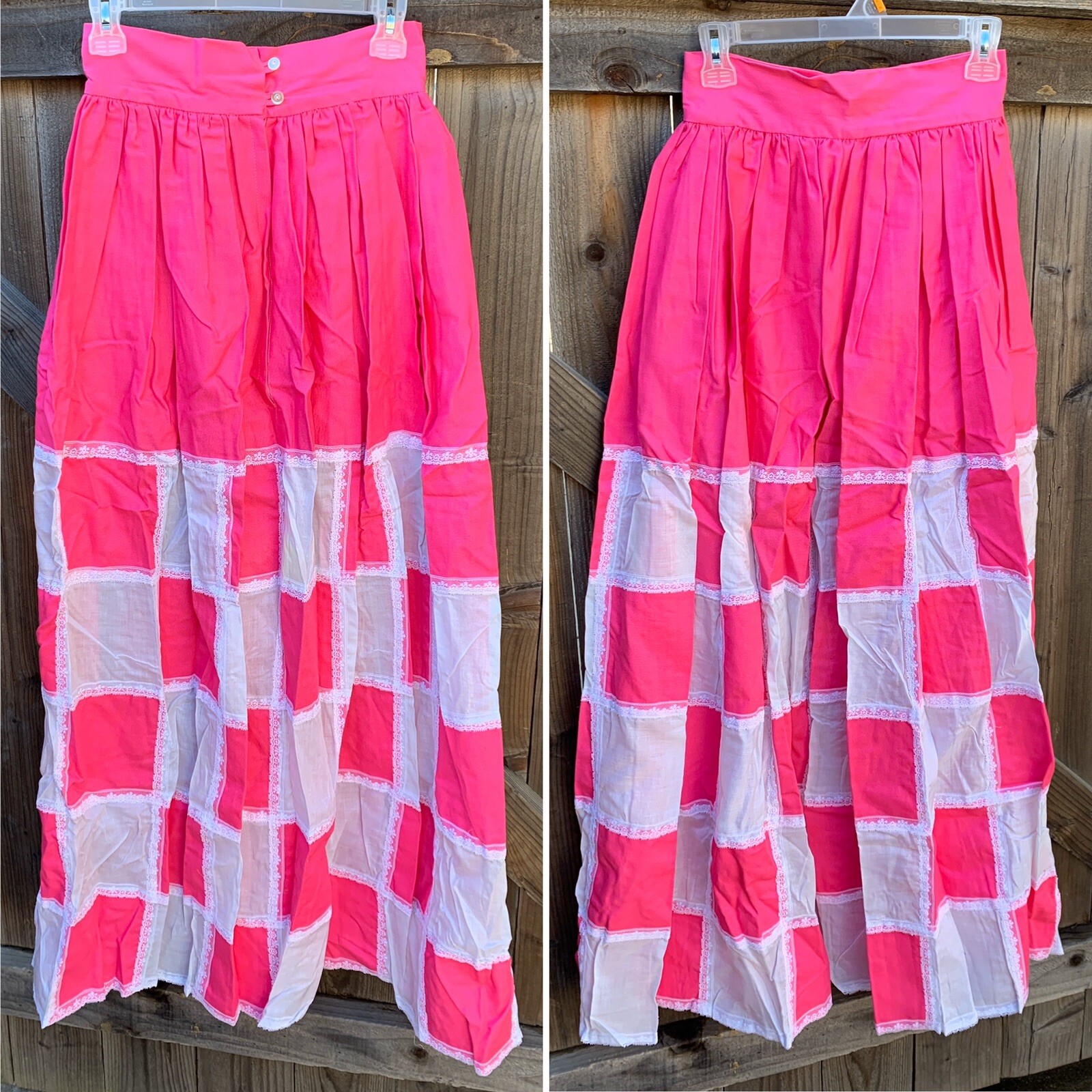 Vintage Marianne Pink & White Patchwork W/ Lace Maxi Skirt Hippie Boho 26” Waist