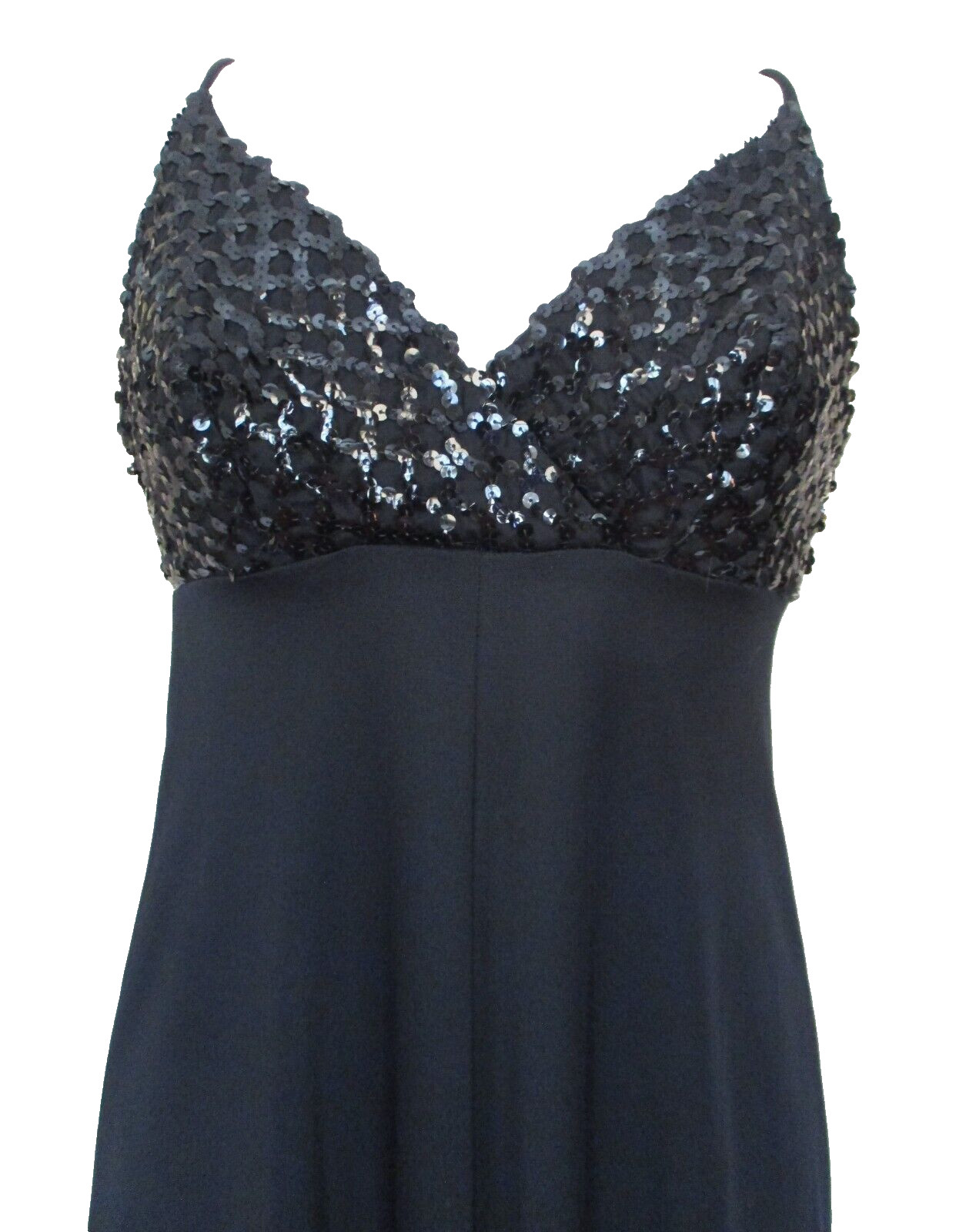 Vintage Maxi Dress Evening Gown XS/S Women Black Stretch Sequin Top Empire Waist