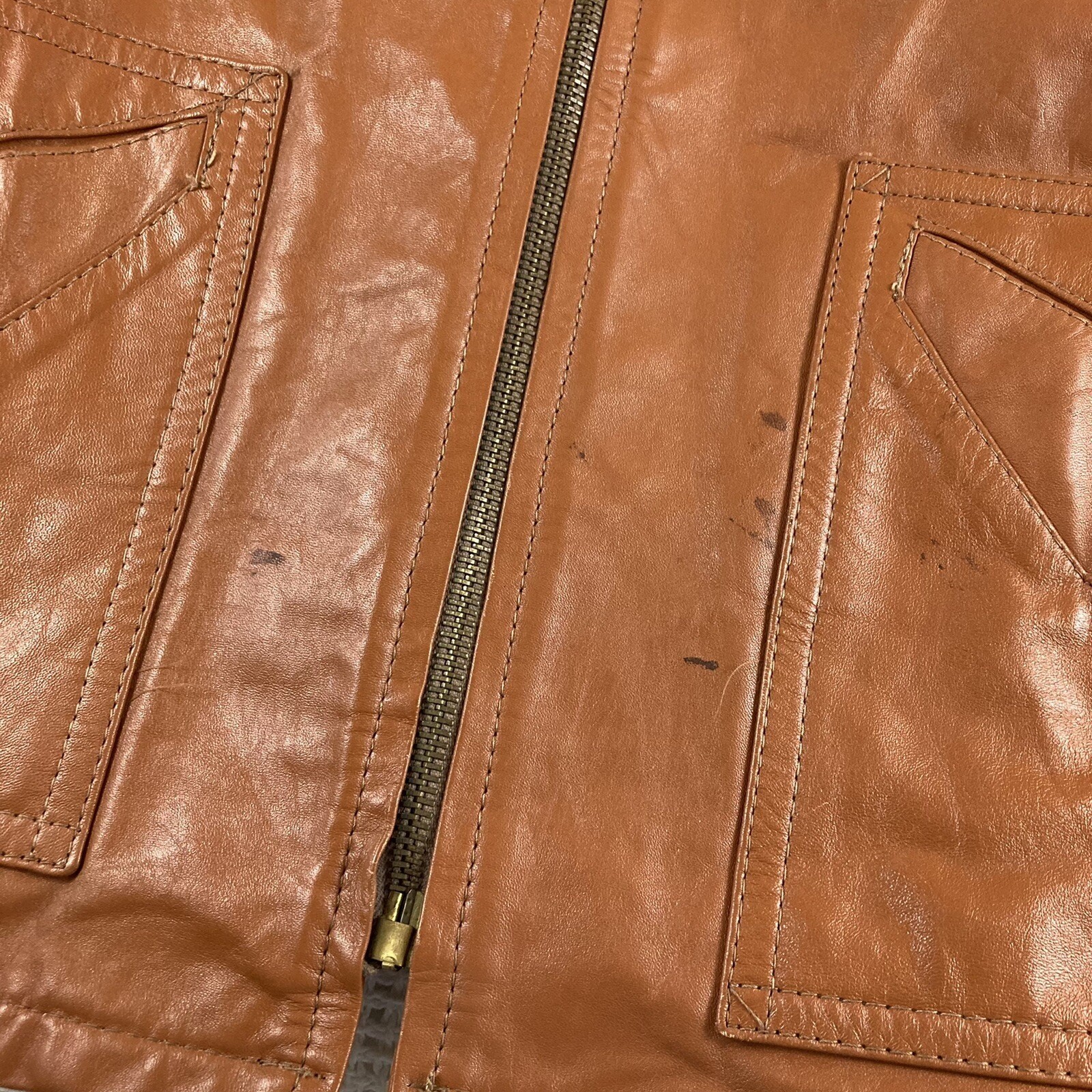 Camel Leather Coat Cognac Brown Jacket Size 42 Made in Argentine Argentina
