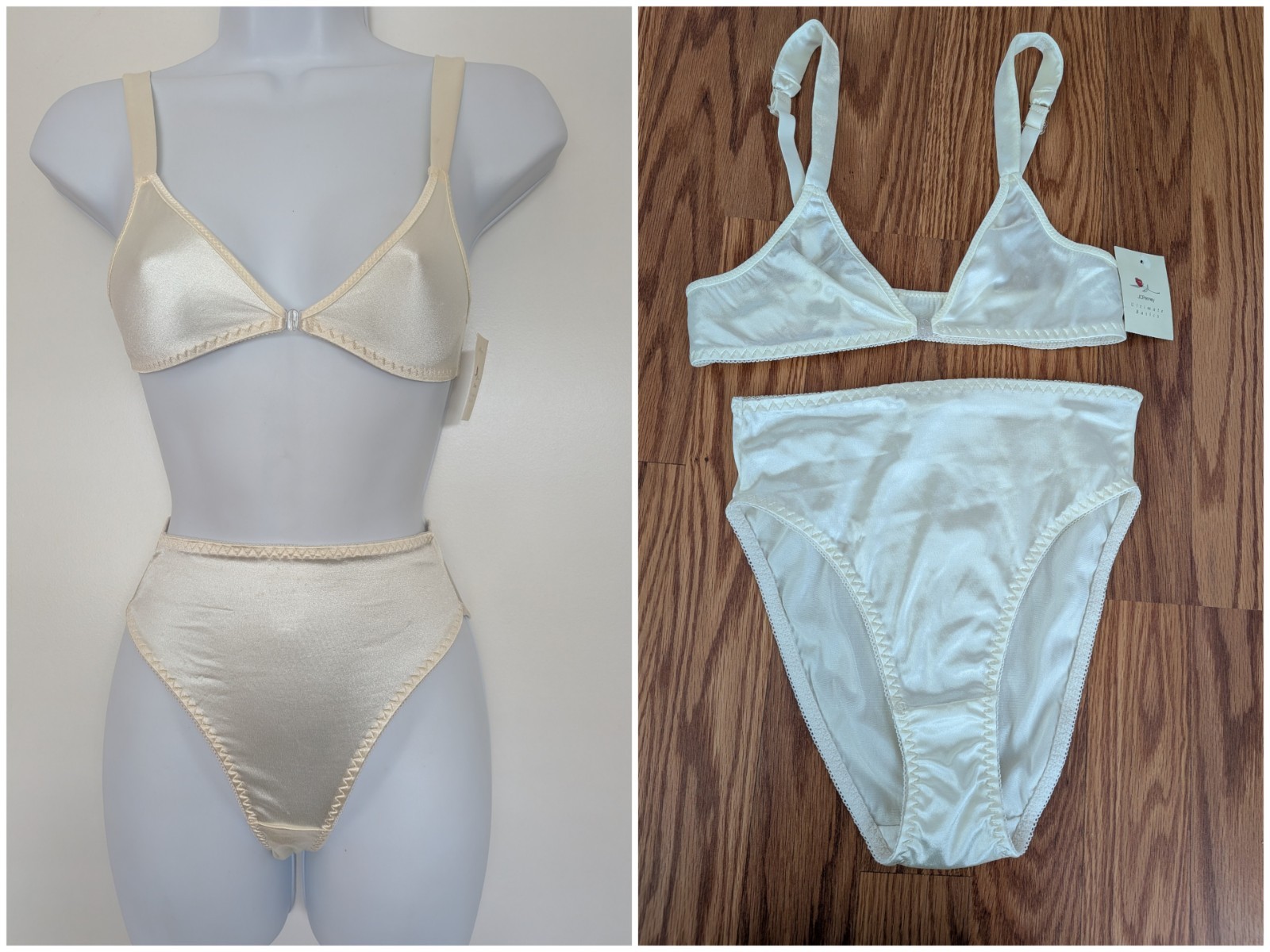 Vintage JCPenney Ultimate Basics shiny ivory satin panties front hook bra set S