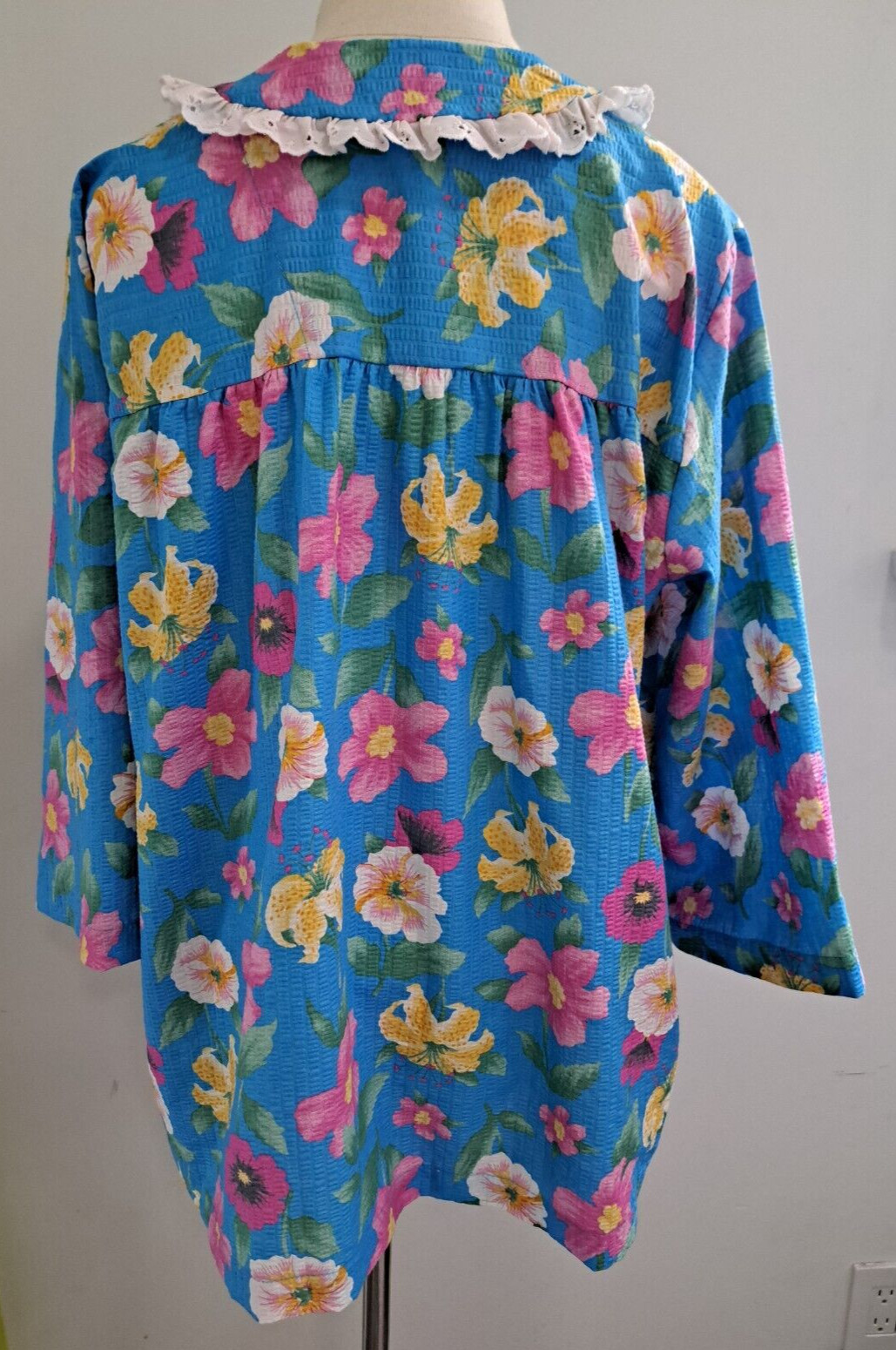 60s Pink Blue MOD Flower Top Snap Buttons Lace Peter Pan Collar USA L