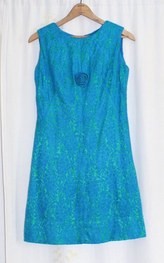 Vintage Mod Nadine Jr Petites Blue Green Floral Brocade Shift Dress Women&rsquo;s S/M