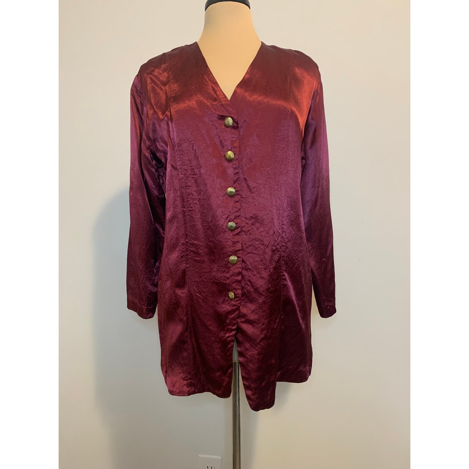 Vintage 80s Sequel Burgundy Button Front Tunic Top S/M