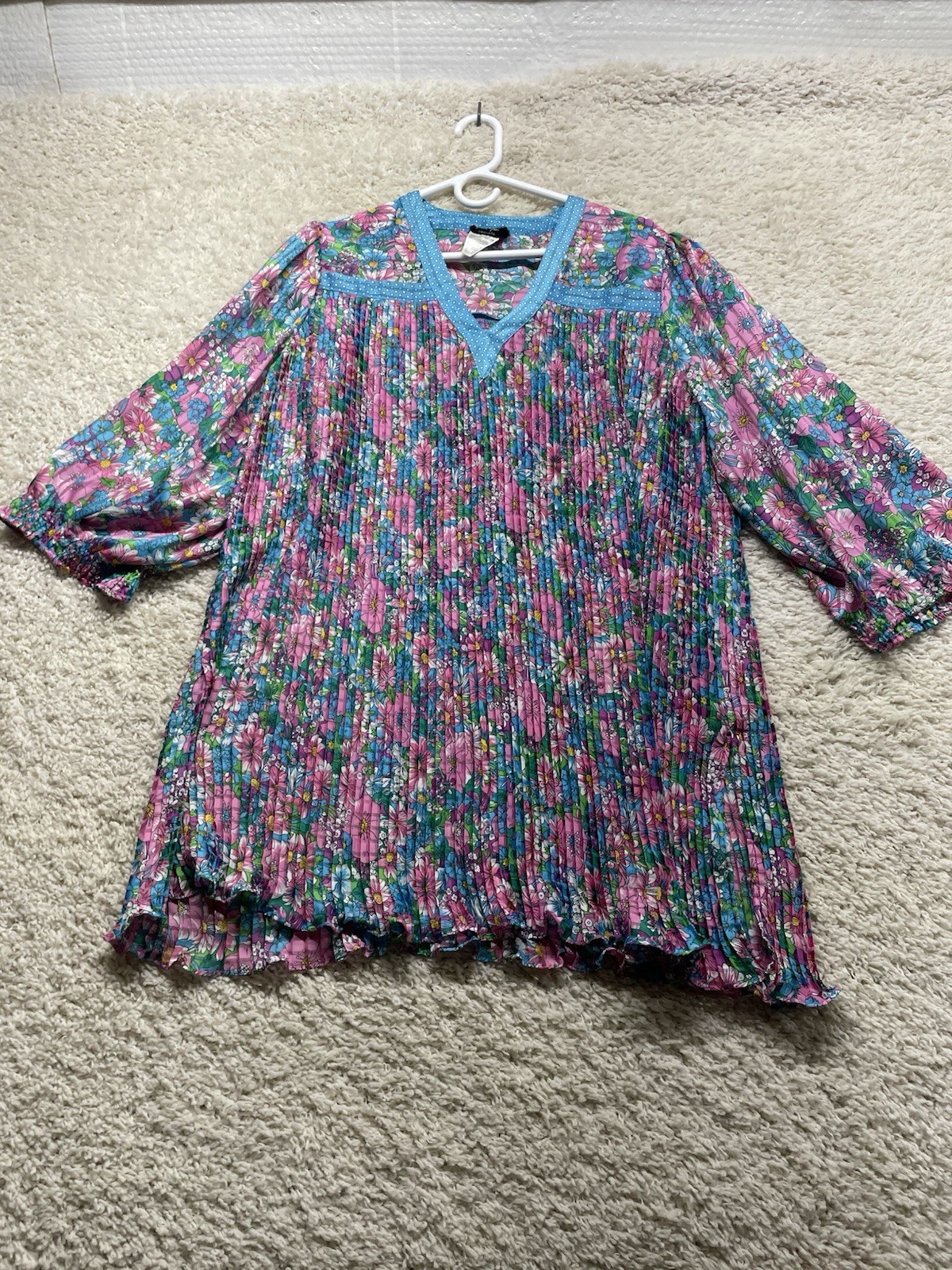 Vintage 80s Diane Freis Georgette Floral Polka dot Pleated Blouse Dress Fits XL