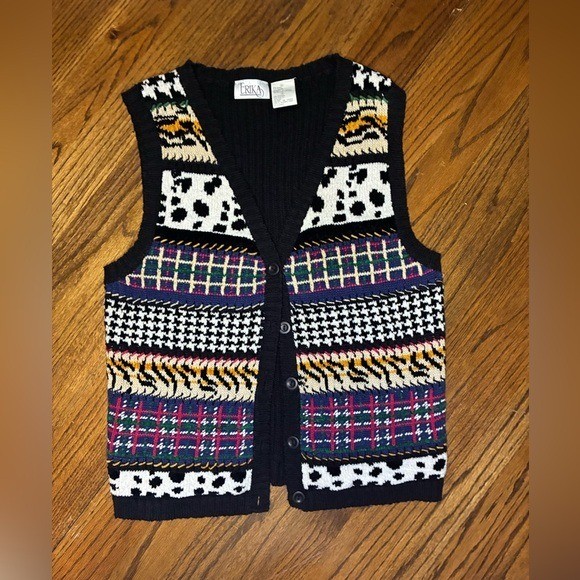 Erika Vintage Mixed Pattern Knit Sweater Vest Ramie Cotton Blend Small Black