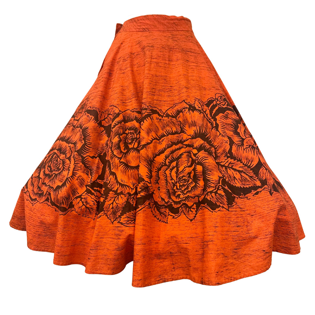 Vintage 1950s Orange Handpainted Floral Mexican Circle Skirt