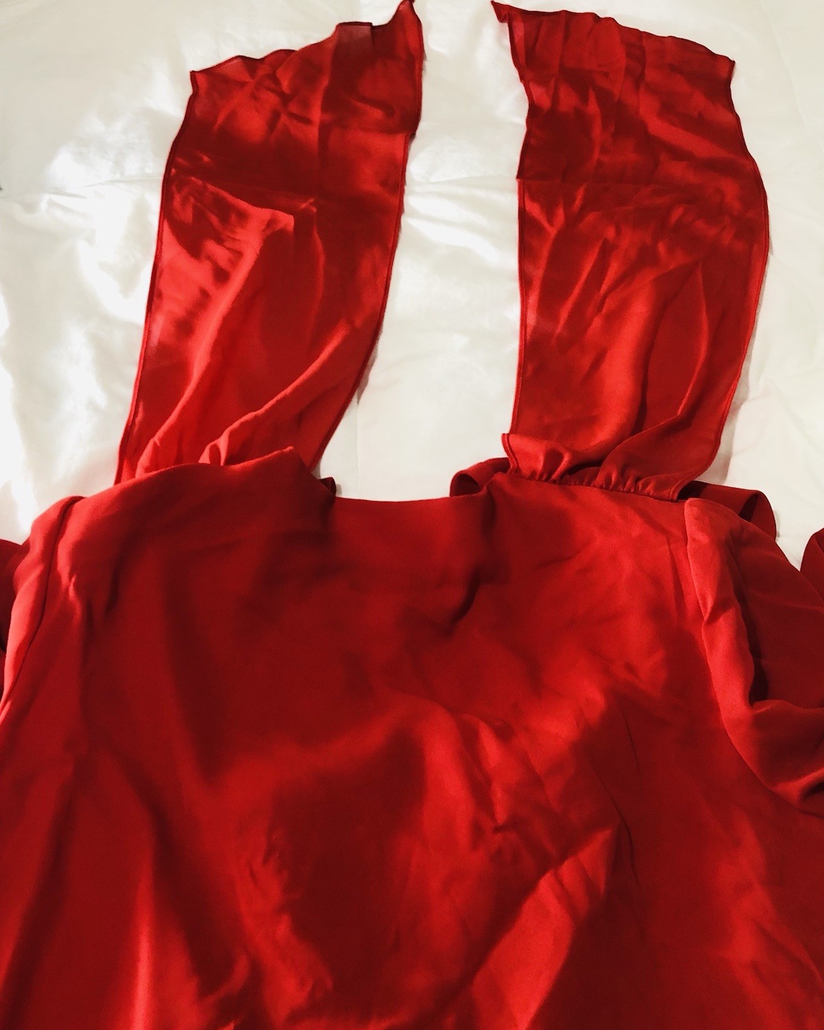 Vintage Lori Max Red Sequins Shoulder Pads V Nick Draped Rear Flowing Scarf Ends