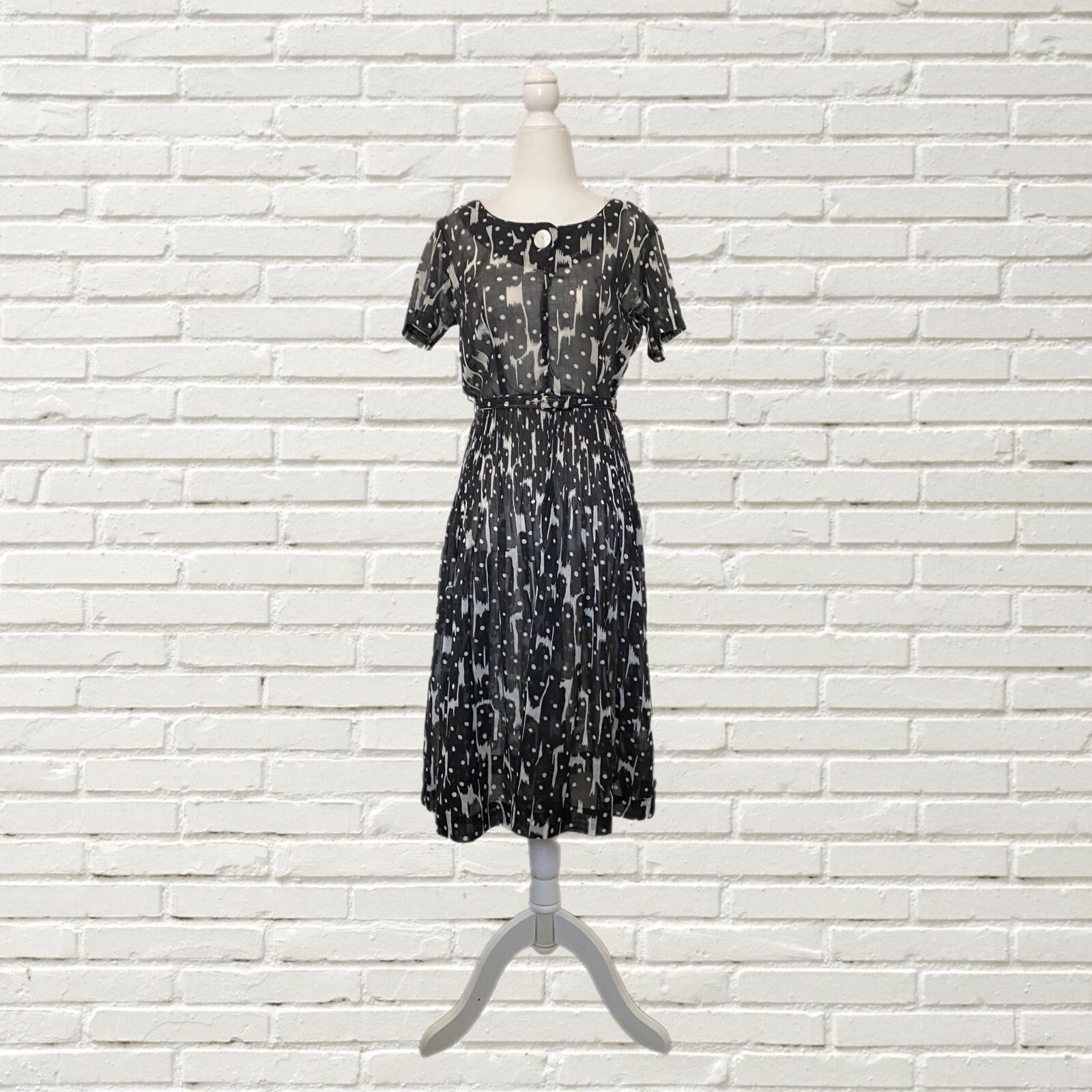 Vintage 50s Sheer Cotton Day Dress Black White Op Art Print Joyce Lane Size S