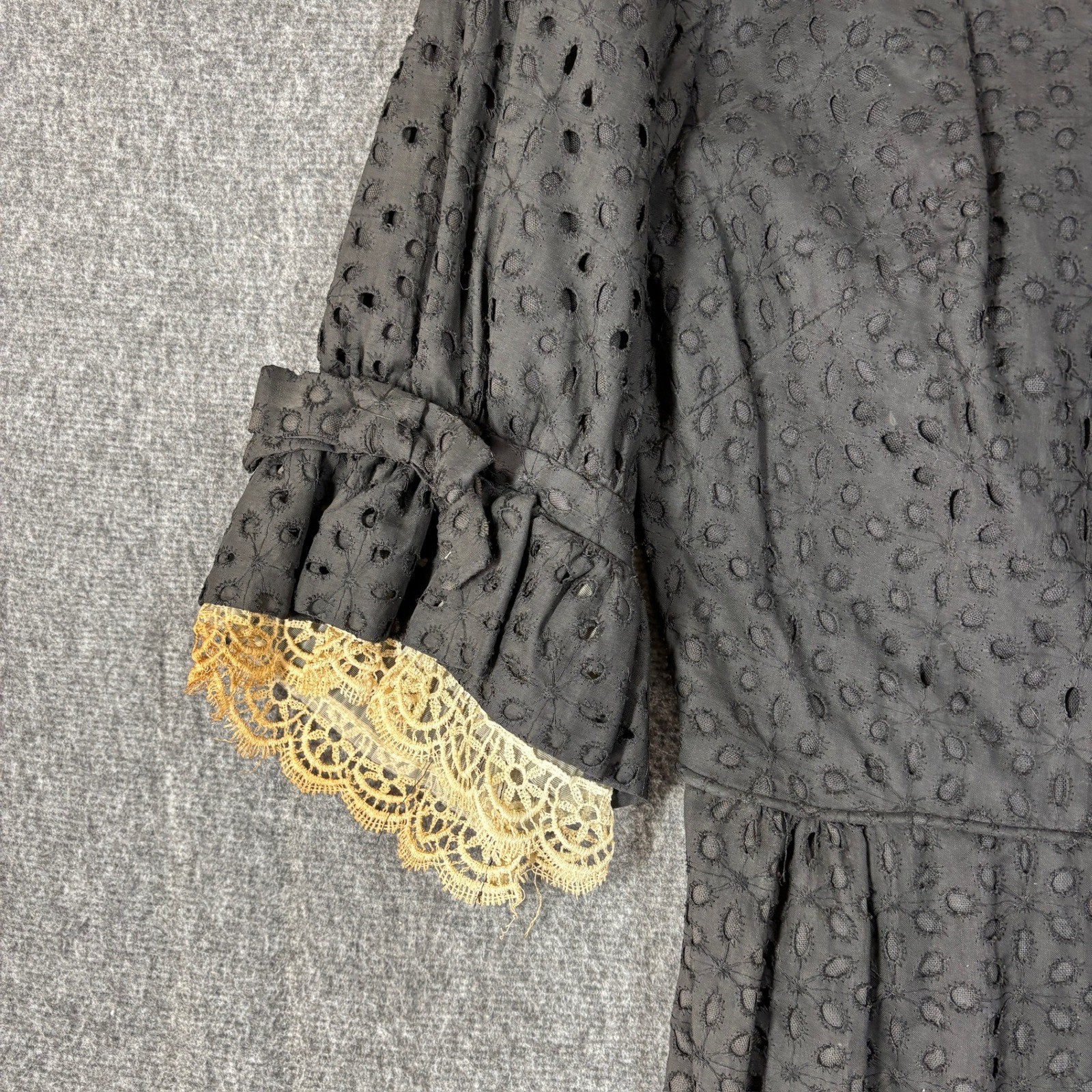 Vintage NWT Black Eyelet Cotton Midi Dress Lace Ruffle Sleeve Bow Detail Size 13
