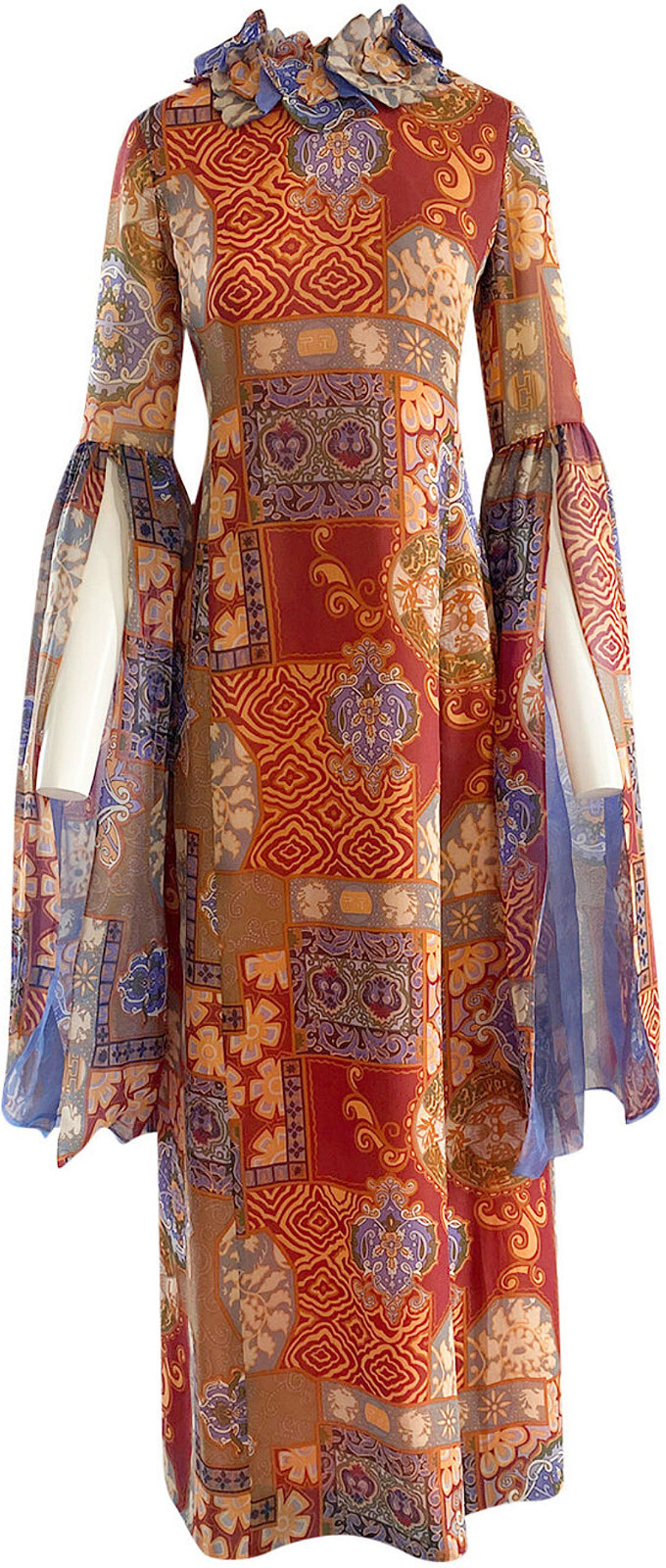 Tina Leser Original Printed Silk Voile Angel Sleeve Maxi Dress Sz XS VTG 1960s
