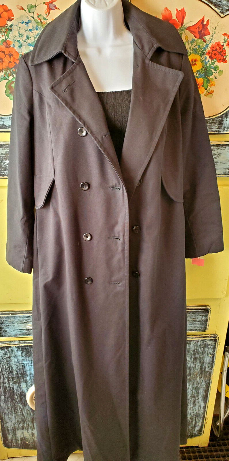 Wow! NOS Vintage 70s Maxi-Length Black Double Breasted Trench Rain Coat Fits 10