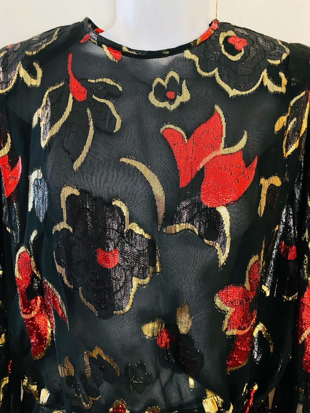 Vintage LLOYD WILLIAMS Sheer Blouse Black with Black, Gold & Red Floral shiny