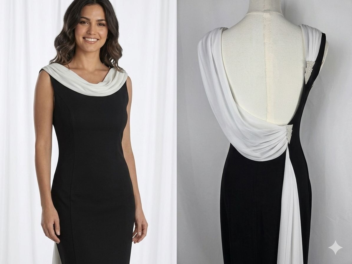 Vintage Cache Black White Evening Gown 90s Y2K Cowl Draped Open Back Formal XS
