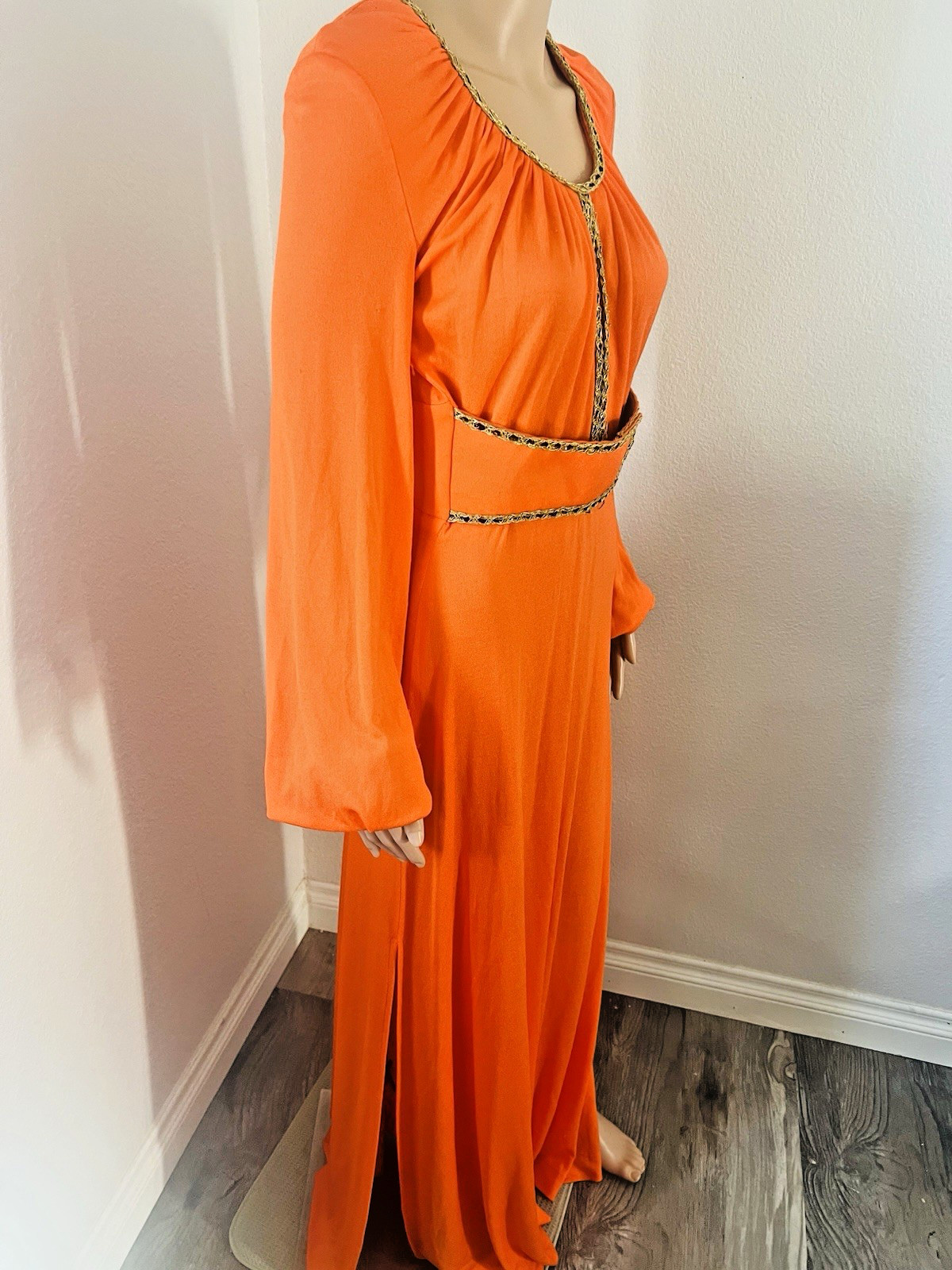 VTG 70s Funky Mod Orange Belted Maxi Dress Sexy Plunging Keyhole Front/Back Med