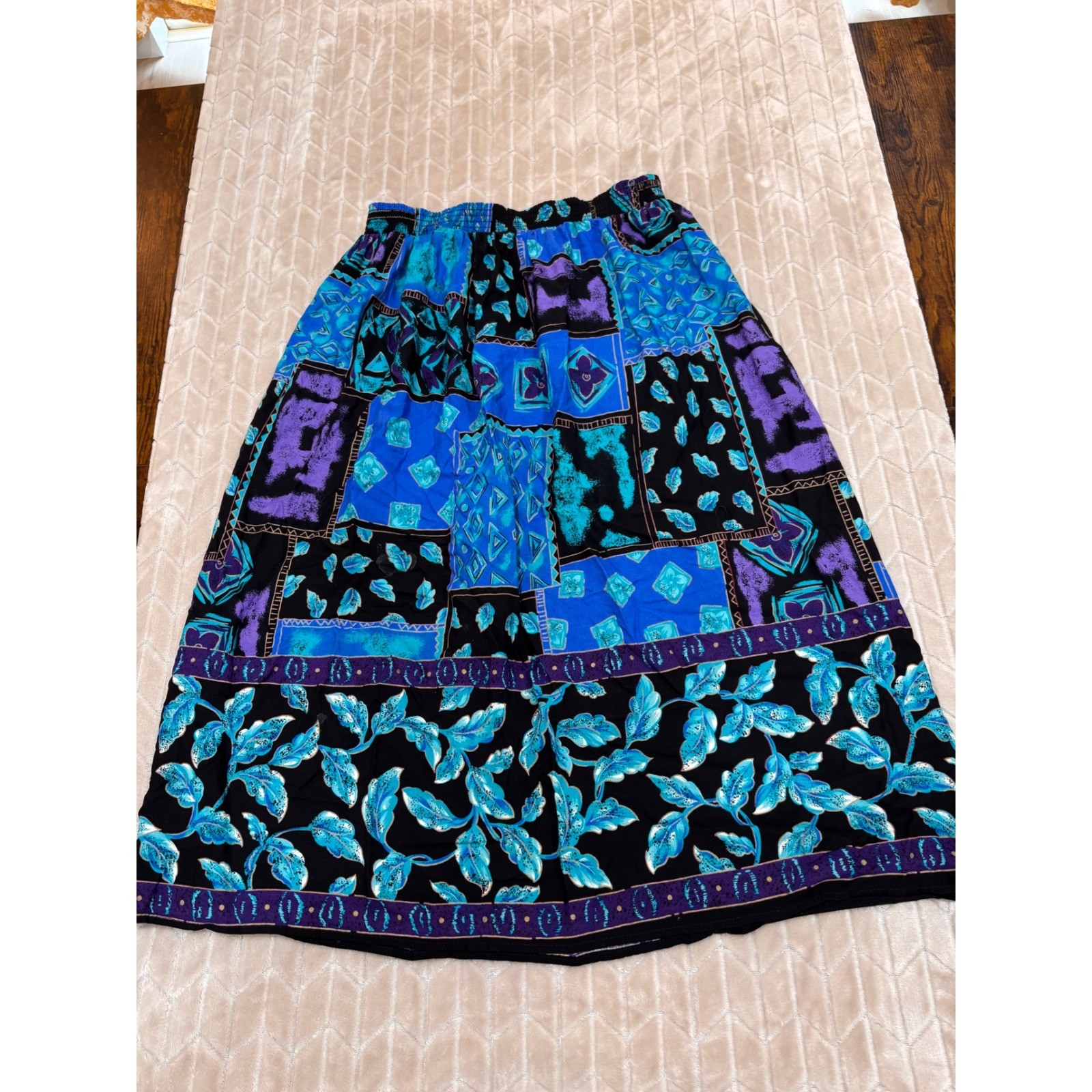 Vintage 90s Boho Patchwork Rayon Knee Length Skirt Small Art Teacher Whimsigoth